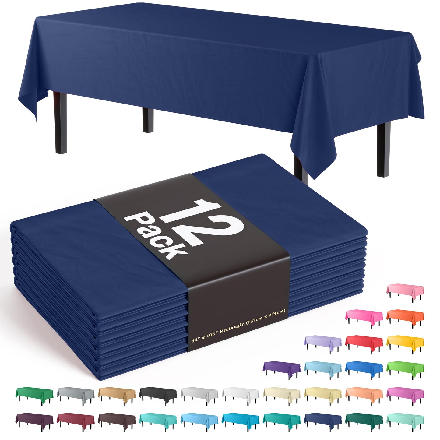 Exquisite 12-Pack Premium Plastic 54in. x 108in. Rectangle Table Cover - Navy Blue