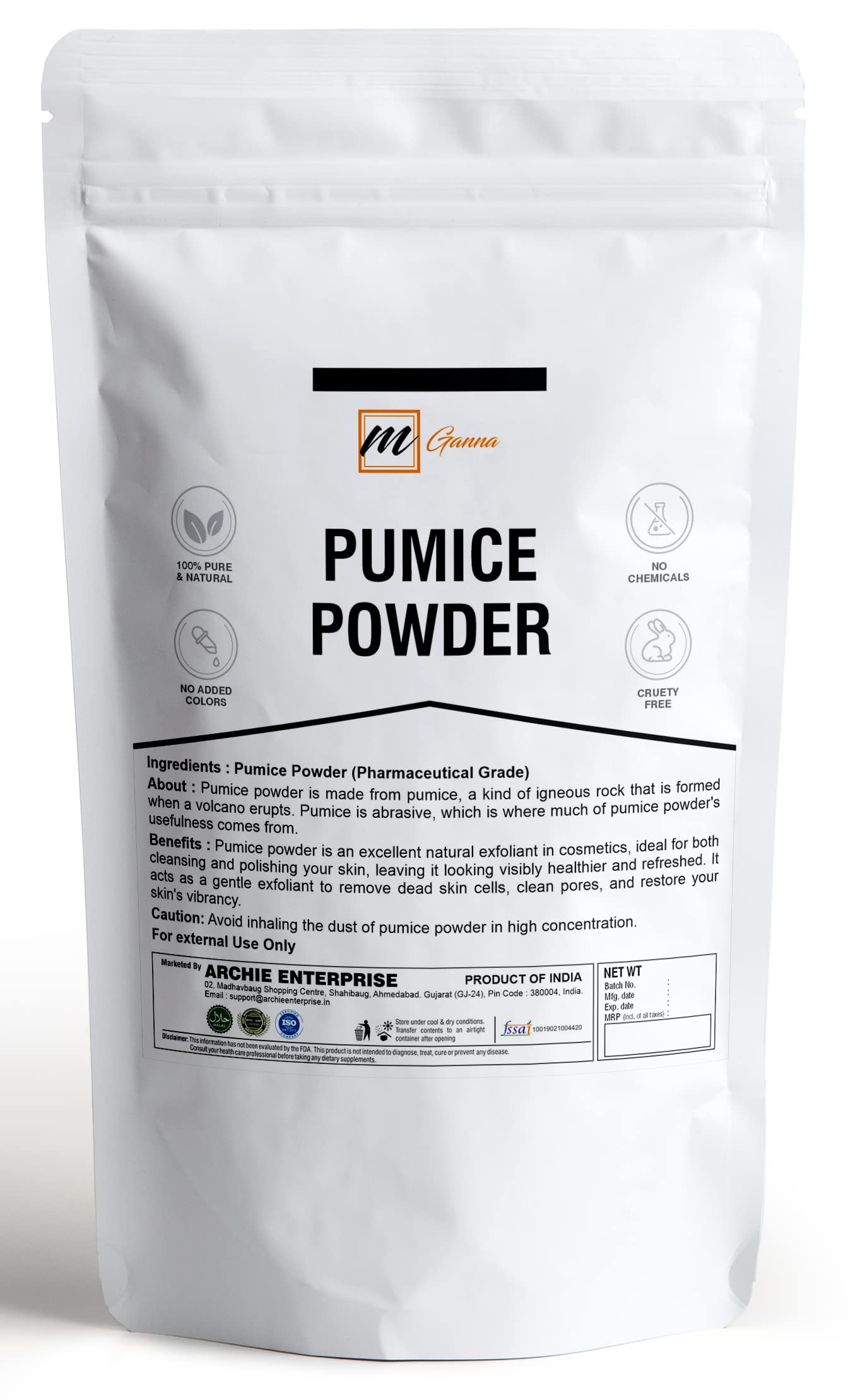 mGanna 100% Natural Pumice Powder for Facial Masks, Skin Exfoliation, Soap Making and other cosmetic formulations 0.5 LBS / 227 GMS