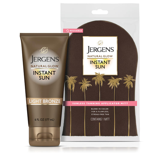 Jergens Natural Glow Instant Sun Sunless Tanning Moisturizer + Bronzing Lotion and Mitt Set, Light Bronze