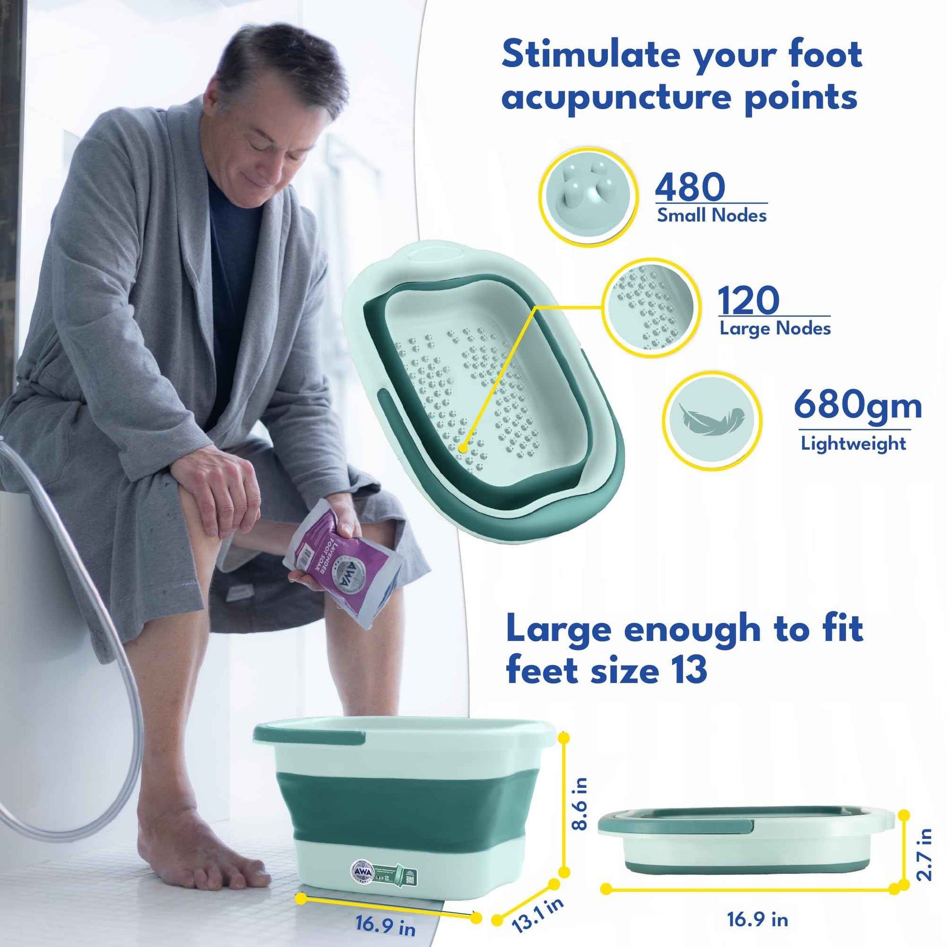 Foot Soaking Tub for Soaking Feet, Collapsible Foot Tub, Foot Bath Soak Tub with Massage Nodes, Large Pedicure Foot Spa Bucket, Portable Foot Soaker Container for Foot Care Routine at Home
