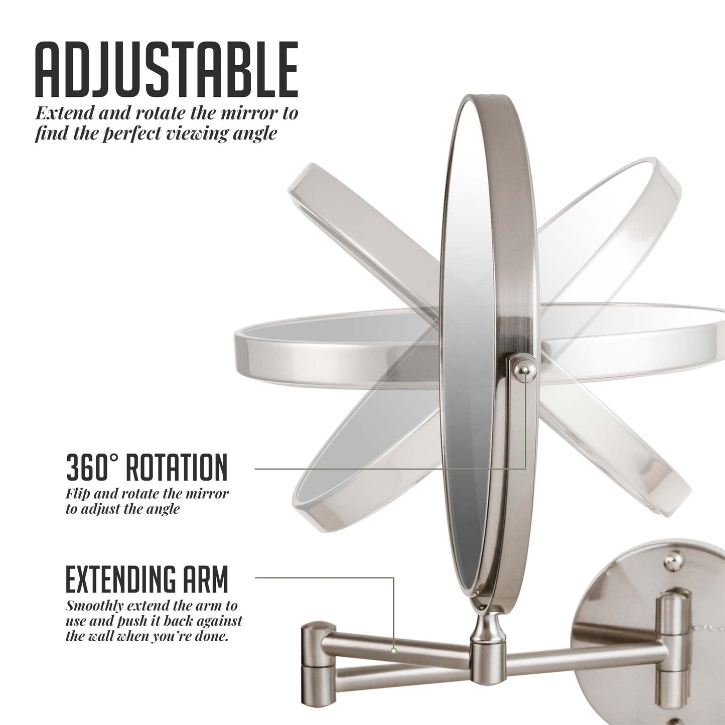 OVENTE 9" Wall Mounted Makeup Mirror with 1X/10X Magnification, Double Sided Magnifying Round Bathroom Vanity Mirror, 360° Swivel Design, Extendable and Folding Arm, Nickel Brushed MNLFW90BR1X10X