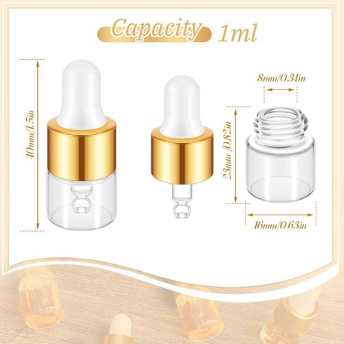 Didaey 200 Pcs Mini Glass Oil Dropper Bottle Bulk, Clear Essential Small Empty Bottles Sample Containers Perfume Liquid Vials with Cap for Traveling (1 ml,Gold)