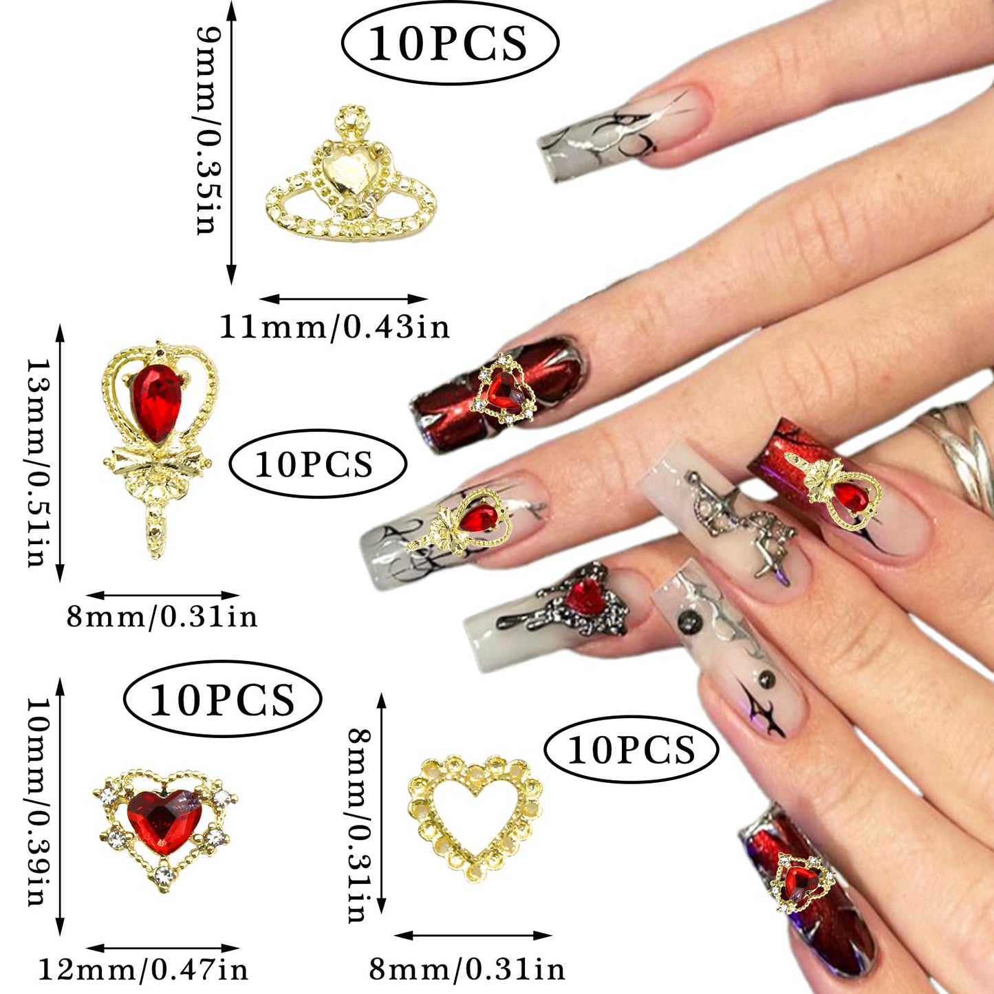 RODAKY 40PCS Valentine's Day 3D Heart Charms Gold Nail Charms Red Crystal Rhinestone Nail Jewels Hollow Heart Crown Shape Nail Gems Decoration Nail Art Supplies for Women and Girls