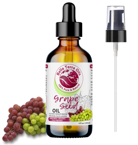 Bella Terra Oils - Organic Grape Seed Oil 4oz - Crafted from Pristine Organic Grapes, Packed with Procyanidins & Vitamin F, Unveiling a Radiant Skin Legacy