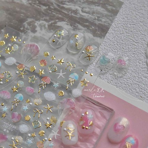 2Pcs Summer Nail Stickers for Nails Art,Extra Shiny 5D Shell Starfish Nail Art Stickers Decals Gold Silver Star Jellyfish Self-Adhesive Design Summer Beach Nail Supplies for Women Manicure Accessories