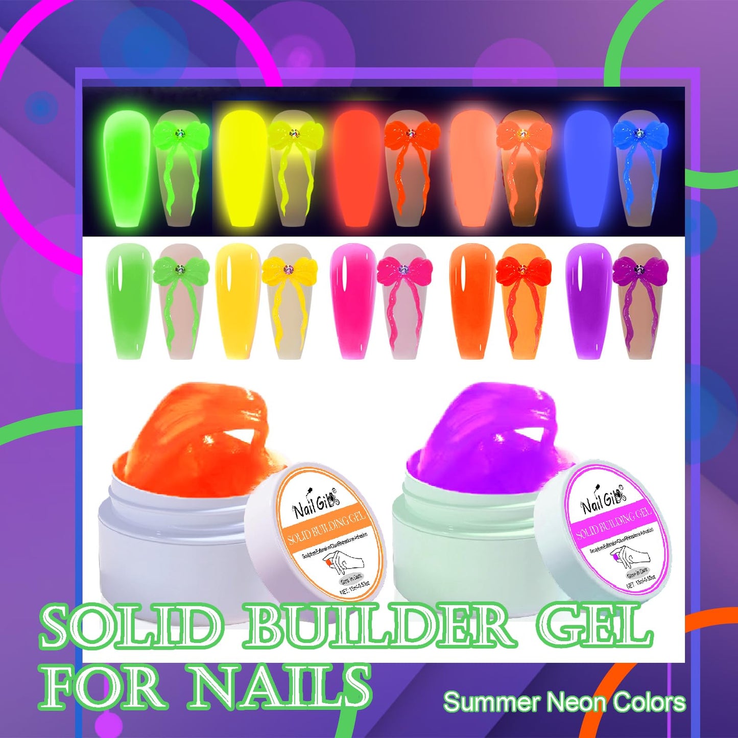 NAILGIL Neon Solid Builder Gel for Nails, Glow in the Dark Fluorescent Green Sculpture 3D Gel Nail Art for Women Summer Hot Colors, Non-Stick Hand LED/UV Needed -15g ﻿