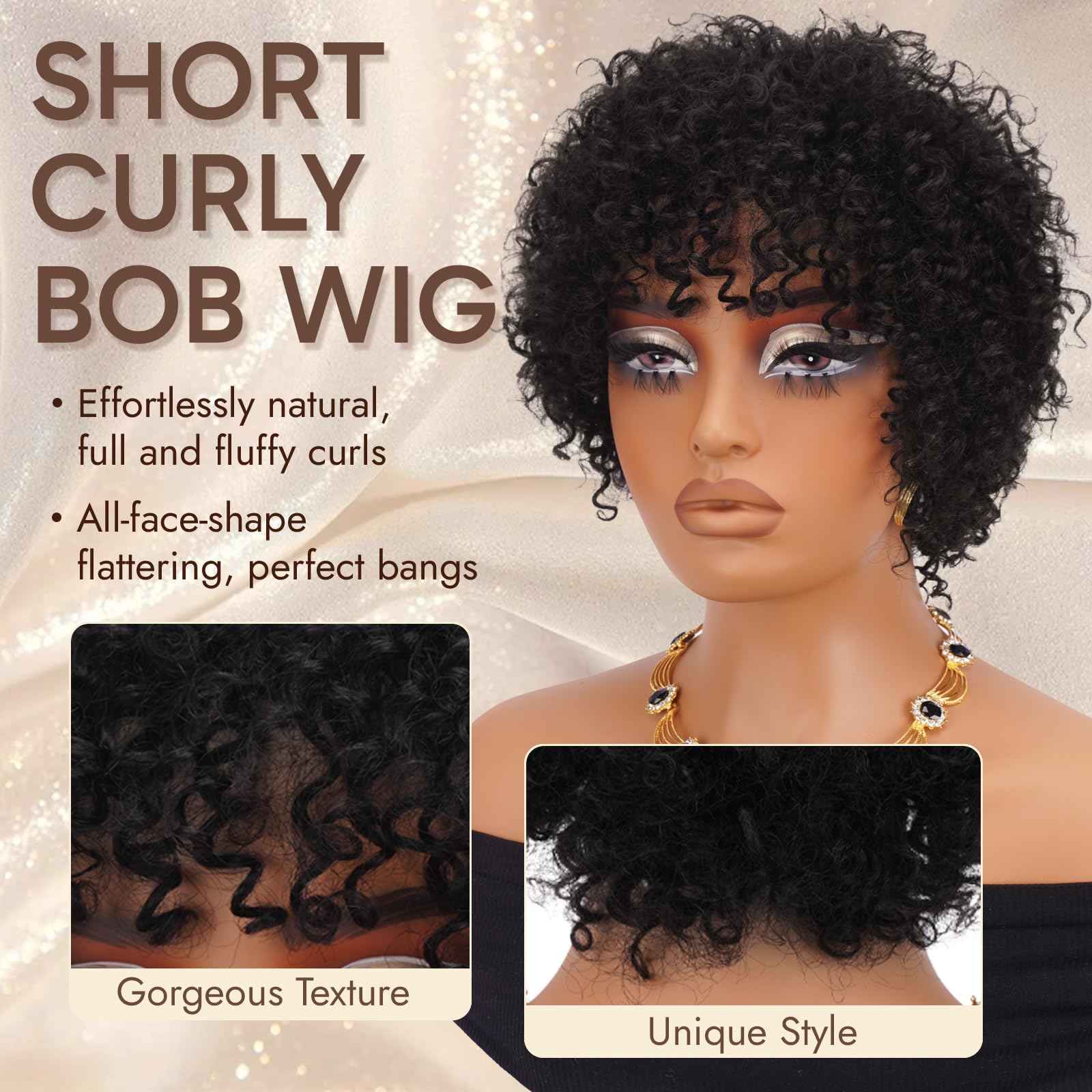 RUWISS Short Curly Human Hair Wig 10 Inch Brazilian Kinky Curly Wigs with Bangs for Black Women - Wear and Go Glueless Short Wig, ZF-003 Black Brown