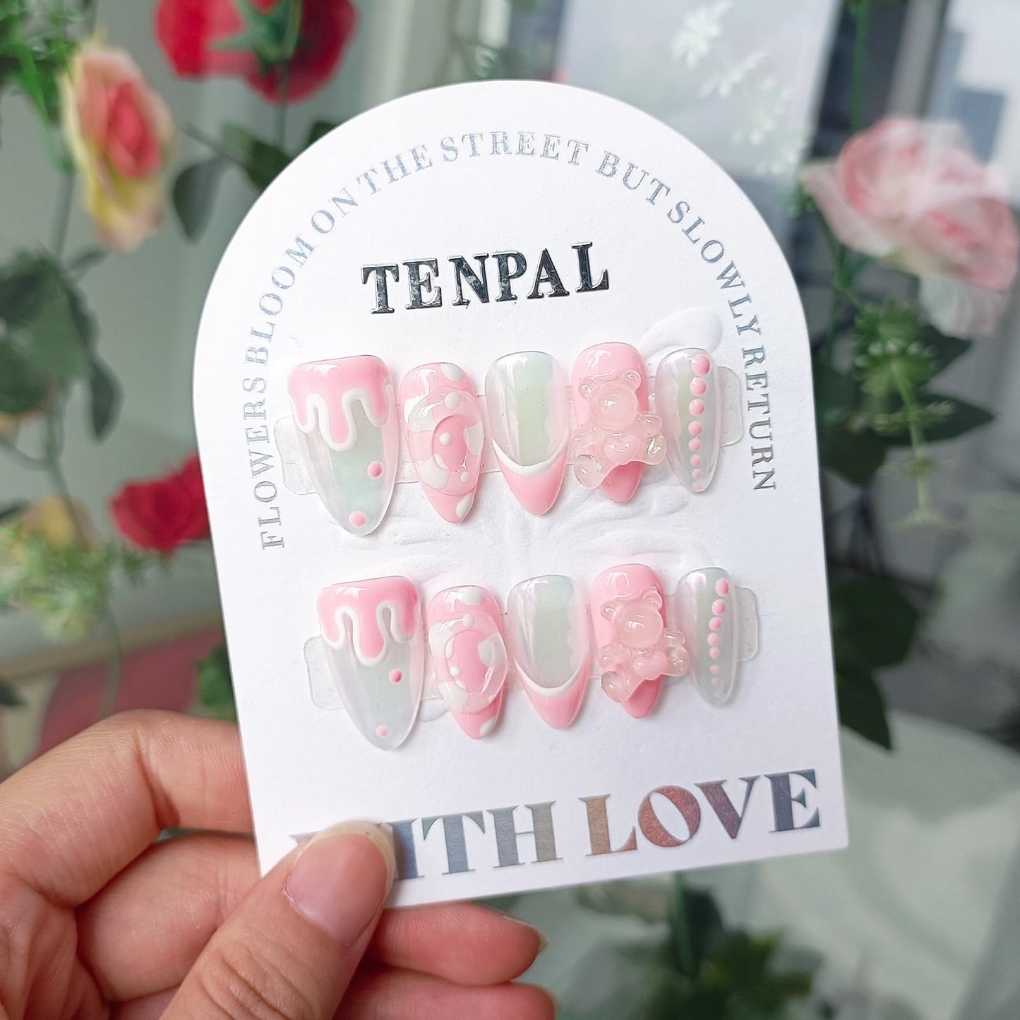 TENPAL French Tip Press on Nails Aurora Pink Gel Fake Nails With Glue Handmade False Nails With Bear Charms Lovely Sweet Cute Nails Press ons For Women Girls 10pcs/Box Short Almond Nails Summer(S)