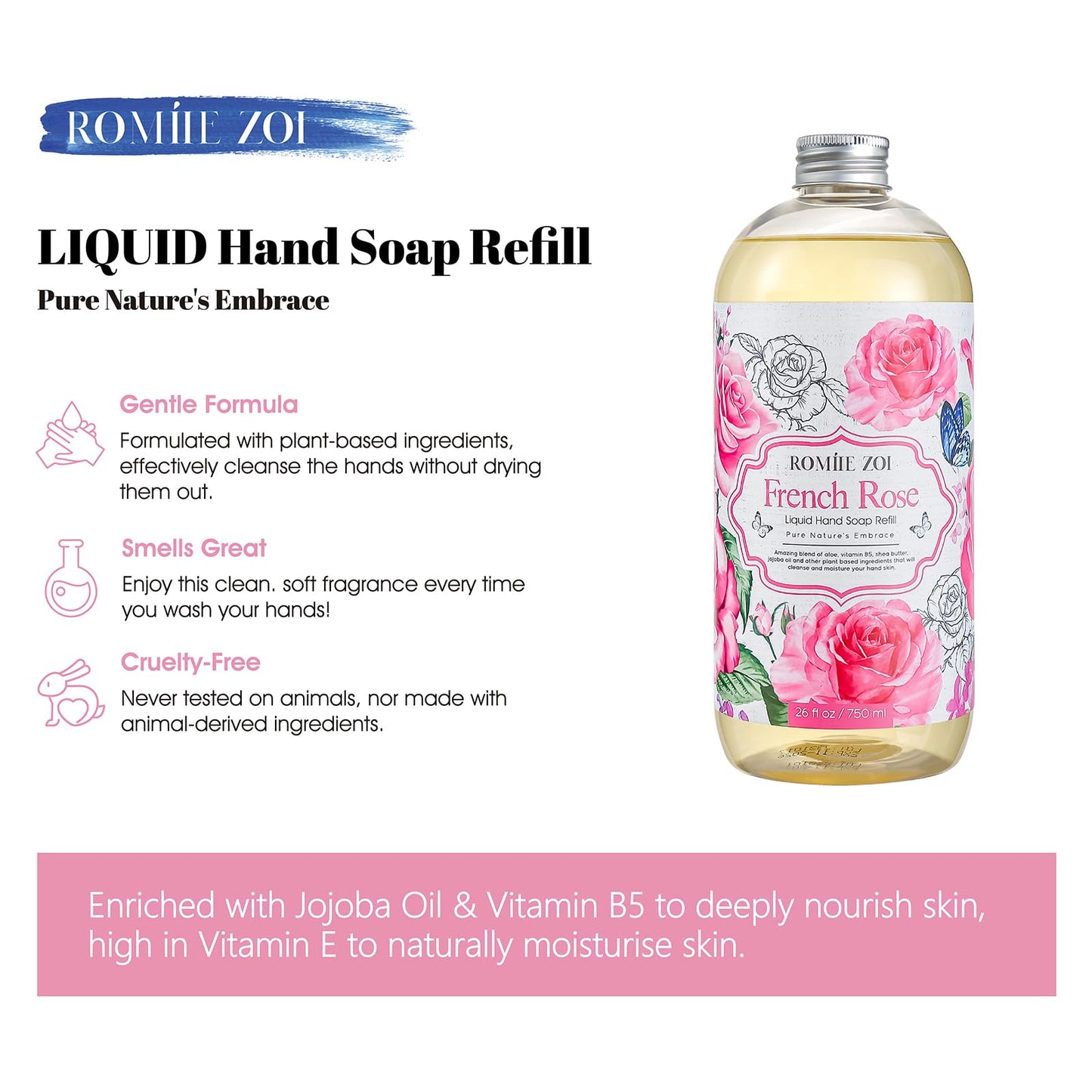 ROMIIE ZOI Liquid Hand Soap Refill, Basil, Gentle & Moisturizing Formula, 750 ML/ 26 FL OZ - Variety Pack of 3(Basil,Rose,Wood Sage & Sea Salt)