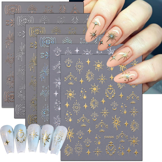 6 Sheets 3D Metallic Moon Star Nail Stickers DIY Self-Adhesive Retro Golden Silver Rose Shiny Laser Stars Sun Moon Nail Art Designs Nail Stickers Decals for Women Acrylic Nail Decorations