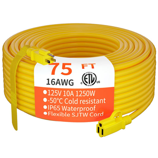 HUANCHAIN Outdoor Extension Cord 75 Foot Waterproof, 16/3 Gauge Flexible Cold-Resistant Appliance Extension Cord Outside, 10A 1250W 16AWG SJTW, 3 Prong Heavy Duty Electric Cord Yellow, ETL