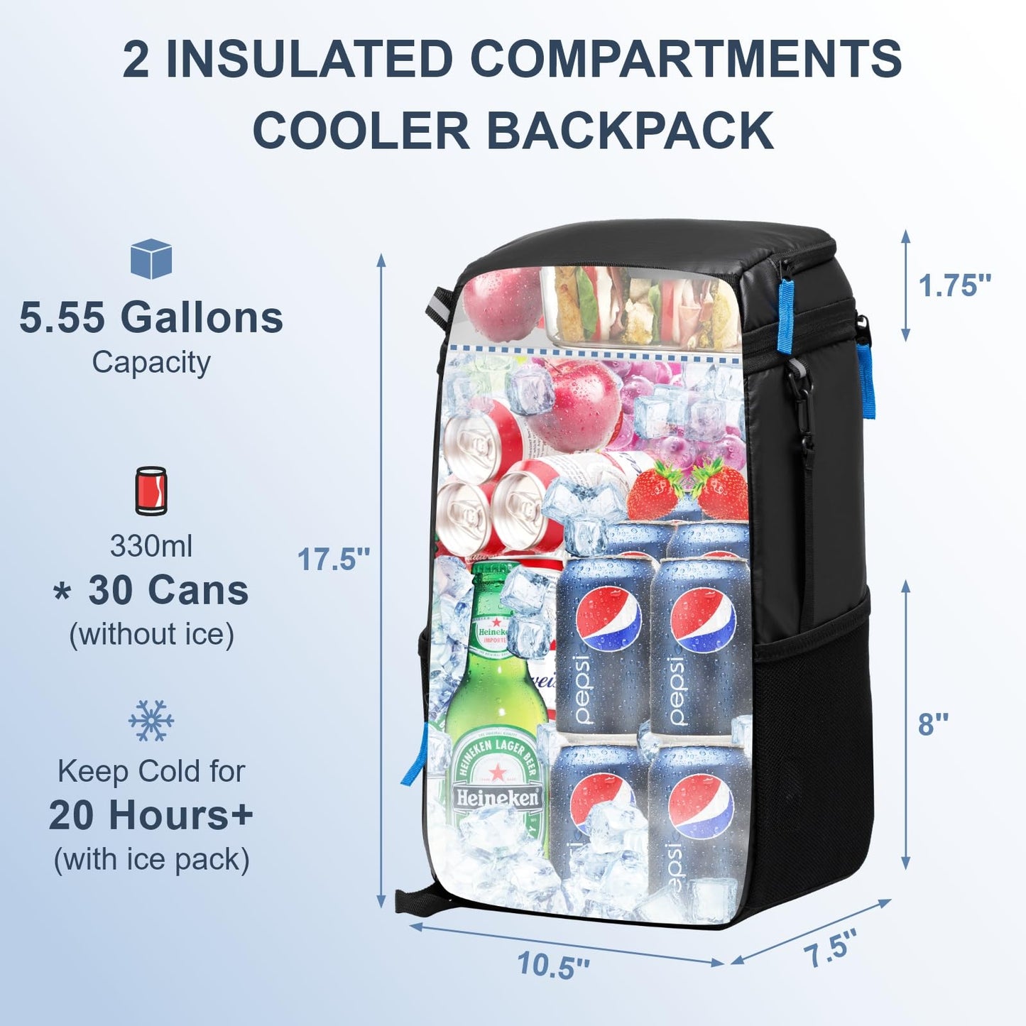 SPARTER Backpack Cooler Insulated Leak Proof 30 Cans, 2 Insulated Compartments Thermal Bag, Portable Lightweight Beach Travel Camping Lunch Backpack for Men and Women