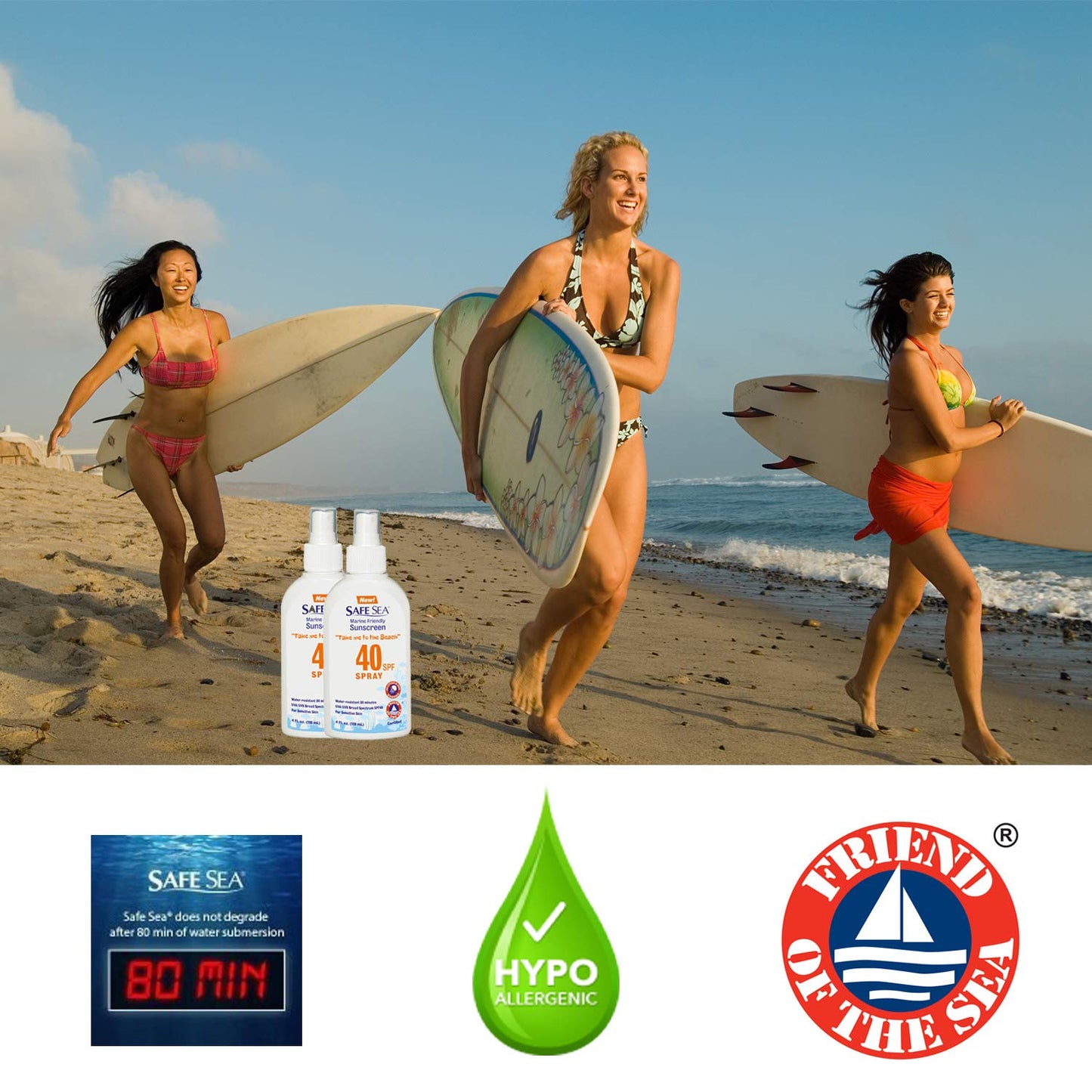 Safe Sea Sunscreen with SPF40 Spray. Eco-friendly Sunscreen. (40SPF Adults 4OZ) 2 Pack.