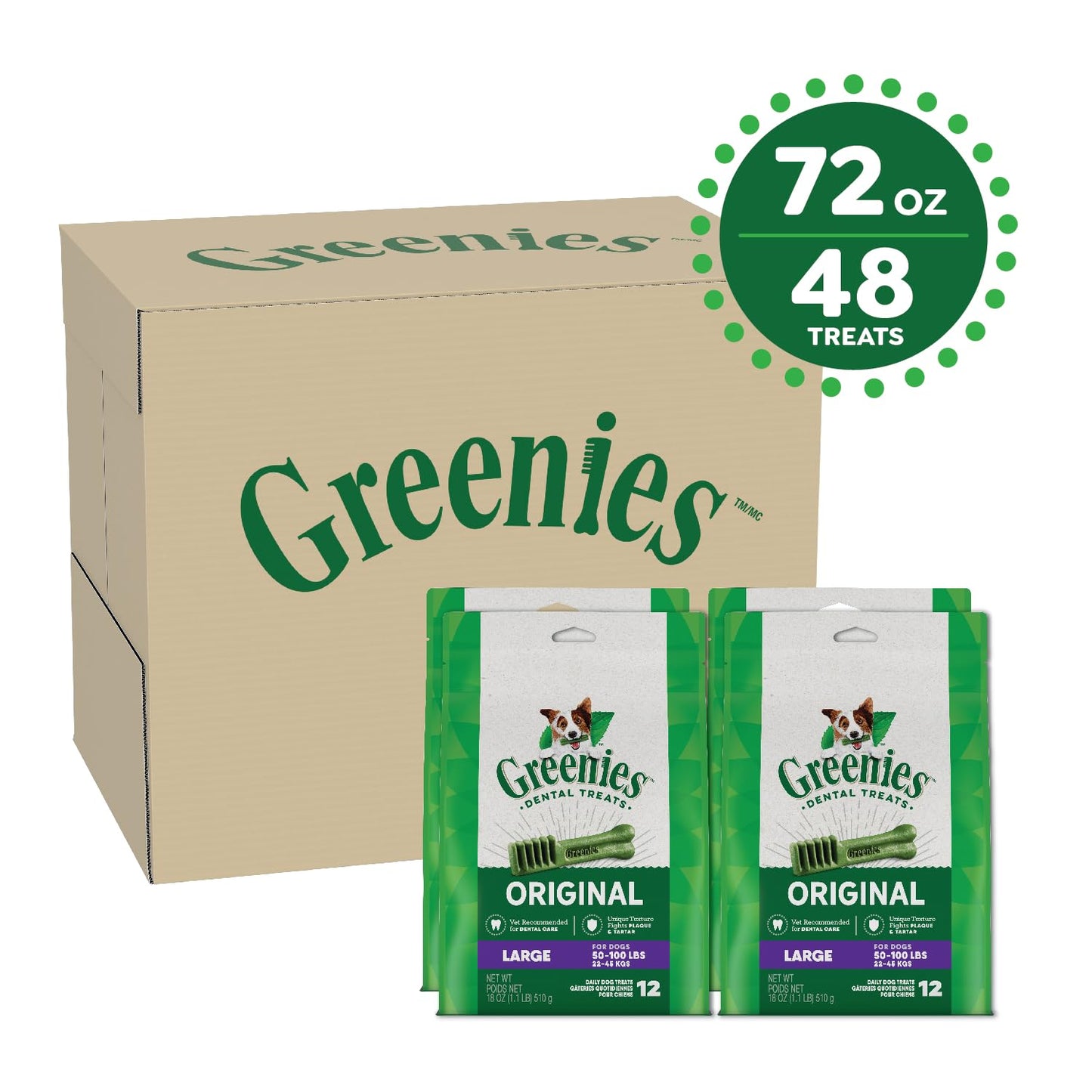 GREENIES Original Large Natural Dog Dental Care Chews Oral Health Dog Treats, 12 oz. Pack (48 Treats)