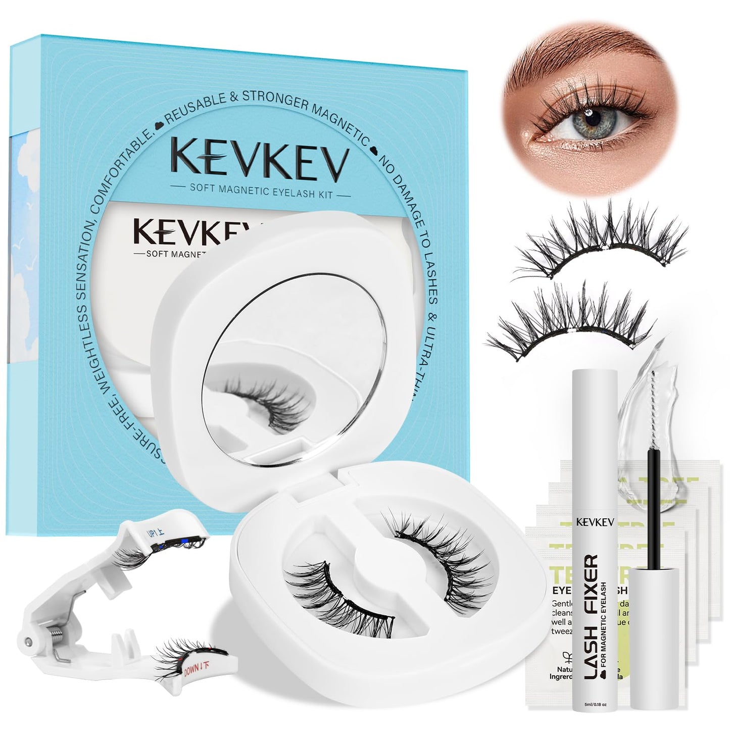 KevKev Magnetic Eyelashes Natural Look Magnetic Lashes Kit Soft Magnets False Eyelashes with Applicator Lash Fixer Reusable No Glue Needed Magnetic Eyelashes Kit Easy to Wear and Remove Readily