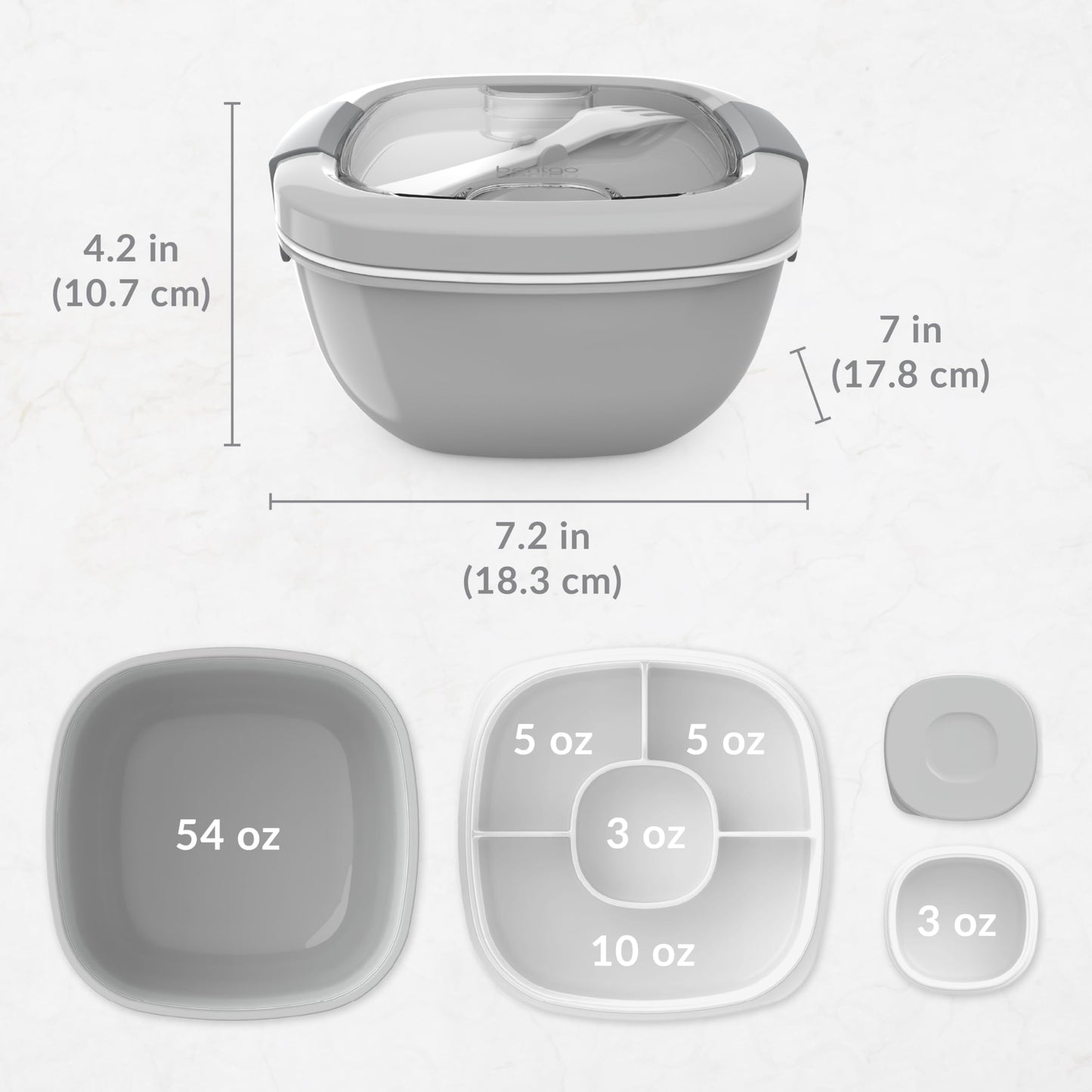 Bentgo All-in-One Salad Container - Large Salad Bowl, Bento Box Tray, Leak-Proof Sauce Container, Airtight Lid, & Fork for Healthy Adult Lunches; BPA-Free & Dishwasher/Microwave Safe (Gray)