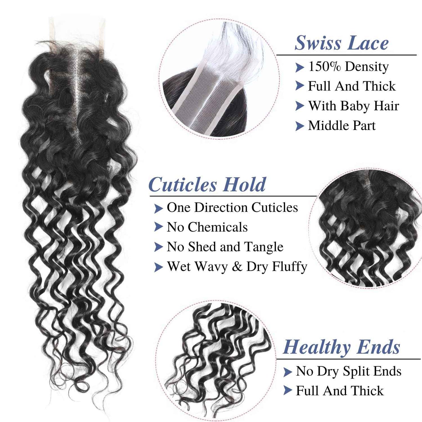 MOMOSHERO 2x6 Water Wave Lace Closure 100% Unprocessed Human Hair, 12A Remy Natural Black Color Pre-Plucked Hairline Wet and Wavy Curly Closure Deep Middle Part With Baby Hair for Women 16 inch