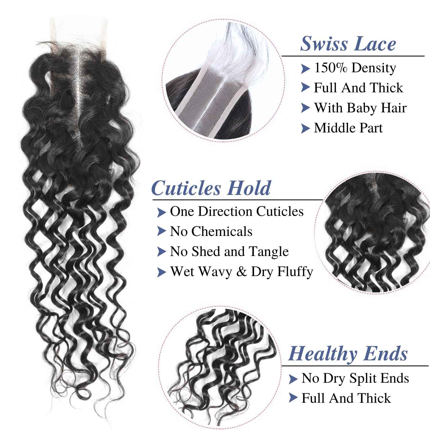 MOMOSHERO 2x6 Water Wave Lace Closure 100% Unprocessed Human Hair, 12A Remy Natural Black Color Pre-Plucked Hairline Wet and Wavy Curly Closure Deep Middle Part With Baby Hair for Women 16 inch