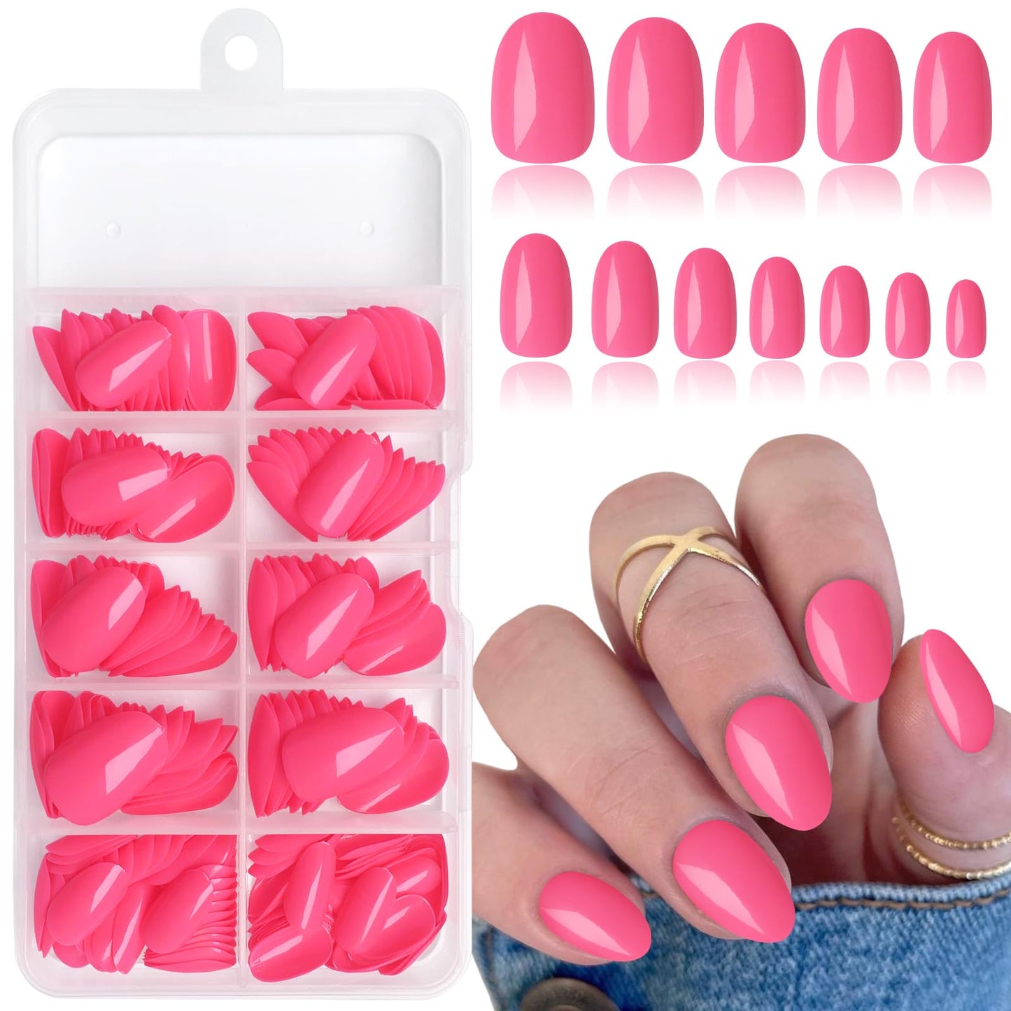 Lifextol Short Press on Nails Almond Fake Nails, 240 Round Almond Press on Nail Short Full Cover Acrylic Presson Nail Tips Hot Pink Artificial False Fingernail & Nail Glue Adhesive Tab for Women Kids