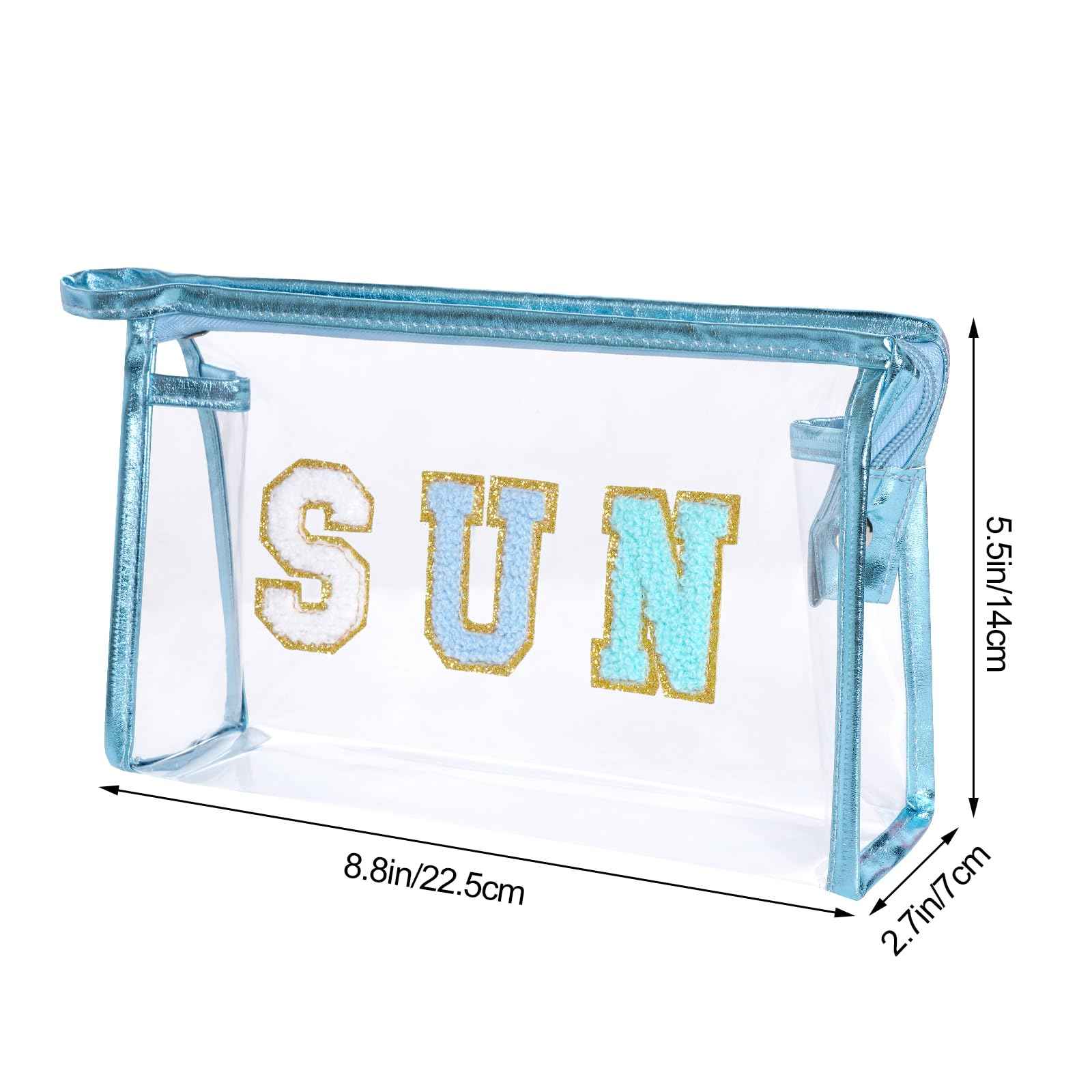 Hmxpls Clear Preppy Patch Makeup Bag, Sun Chenille Letter Bag for Beach, Pouch With Zipper, Travel Cosmetic Toiletry Bag for Women Girls Teens (Blue)