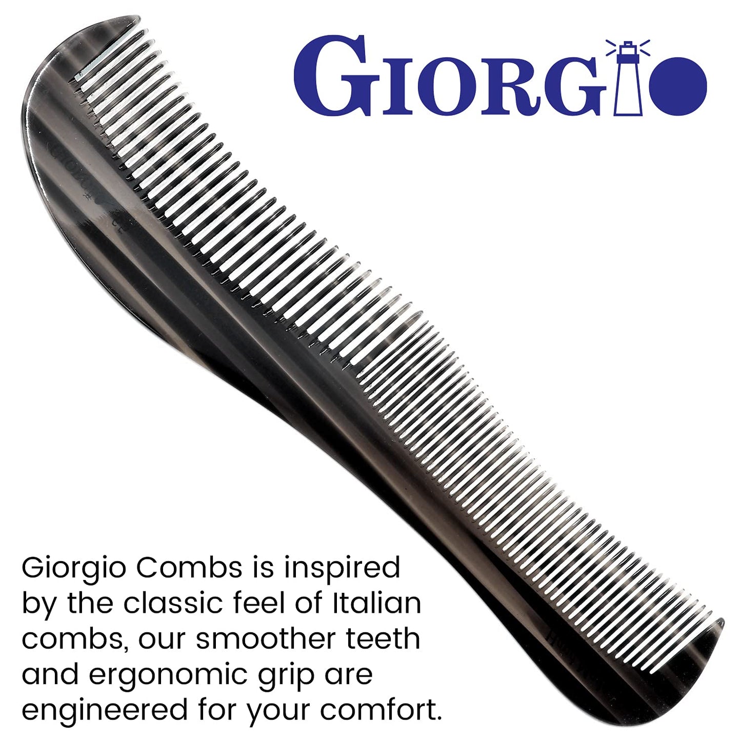 Giorgio G65 Classic Dresser Contour Comb, Double Tooth Coarse/Fine Hair Styling Grooming Comb for Men, Women and Kids. Black Barber Comb Saw Cut, Handmade and Hand Polished for Everyday Hair Care