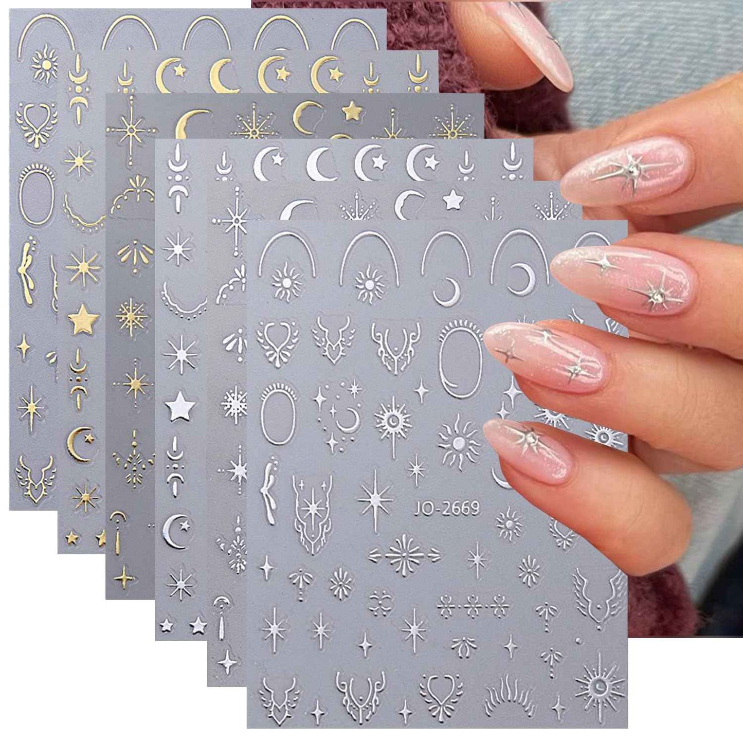12 Sheets Metallic Moon Star Nail Art Stickers Decals Luxury Golden Silver Nail Stickers Sun Stars Moon Nail Art Design with Starlight Moon Charm Nail Adhesive Sliders for Women Manicure Decoration