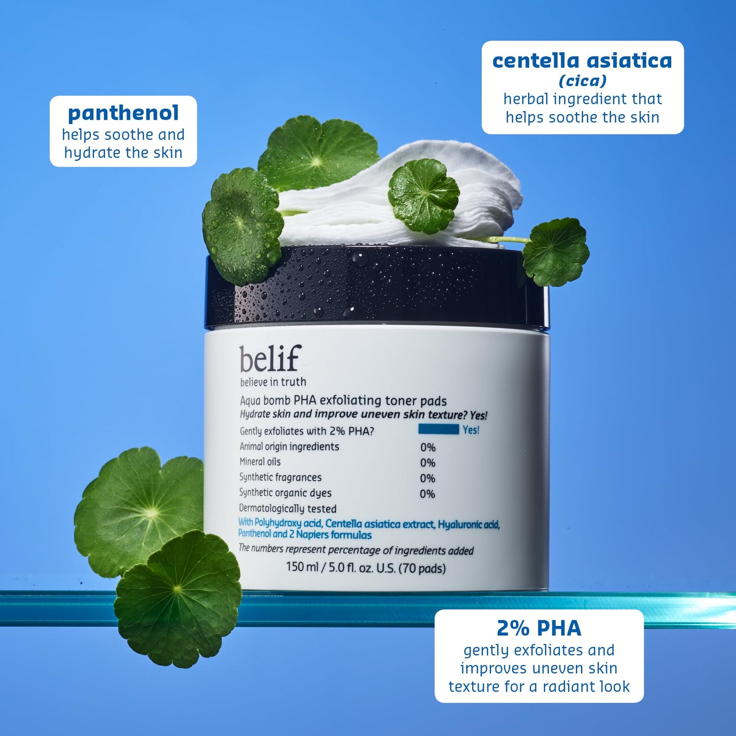 belif Aqua Bomb PHA Exfoliating Toner Pads: 2% PHA, Centella, HA Exfoliation & Hydration Toner Pads, Lightweight, Good for Dryness, Uneven Texture, Pores, Dullness, Oiliness, Korean Skin Care