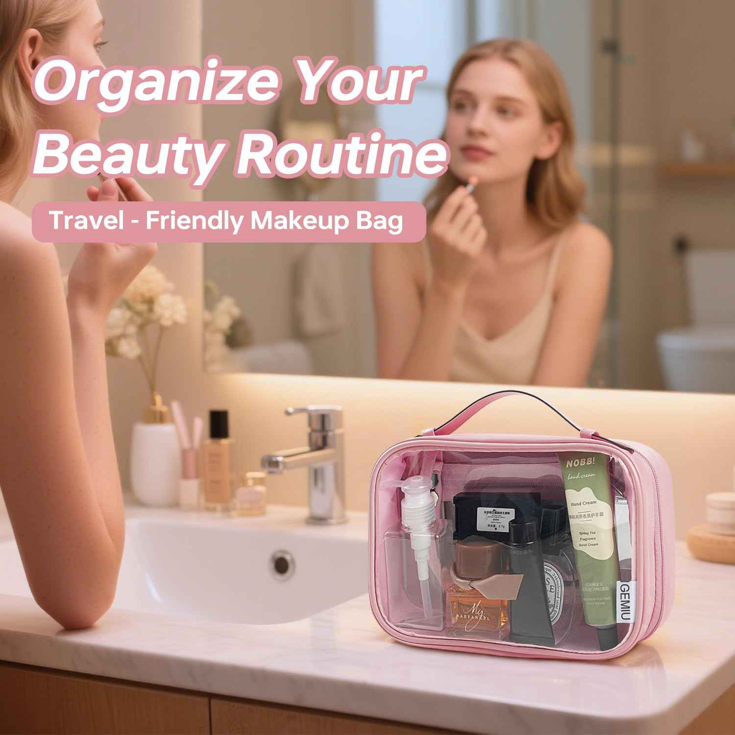 GEMIU Clear Makeup Bag Toiletry Bag for Women 4 Compartments Travel Cosmetic Case Large Capacity Waterproof Skincare Pouch Organizers with Zippe Deep Pink
