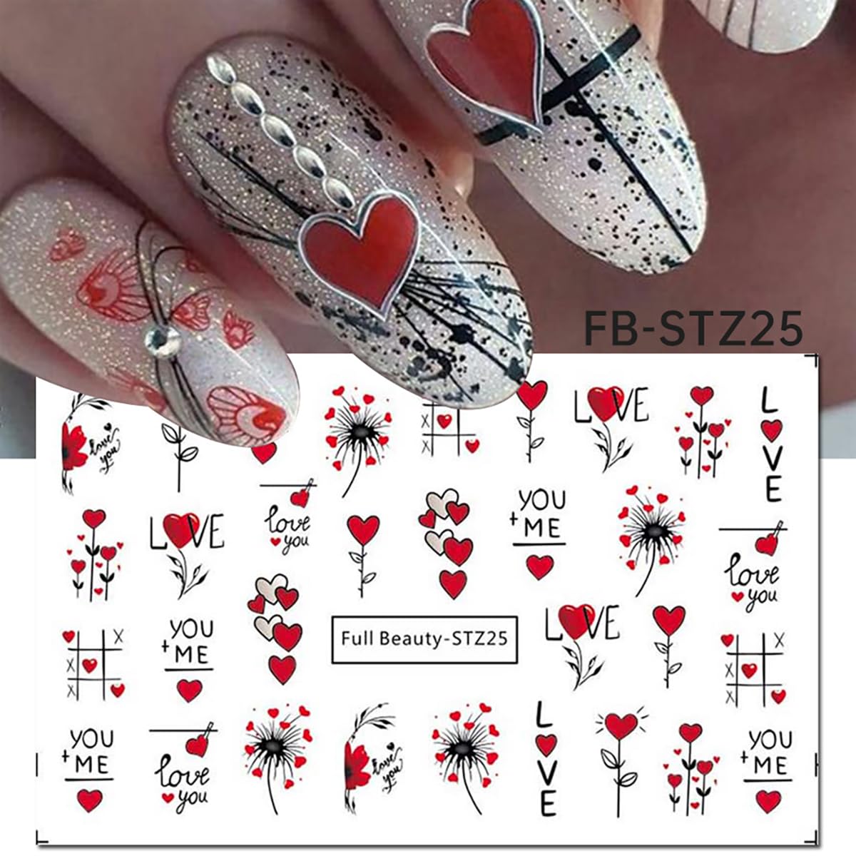 Valentine's Day Nail Stickers DIY Water Transfer Nail Stickers Heart Love Cute Bear Sexy Lips Love Letter Nail Art Design Supplies False Nail for Women Girls Decoration 12 Sheets