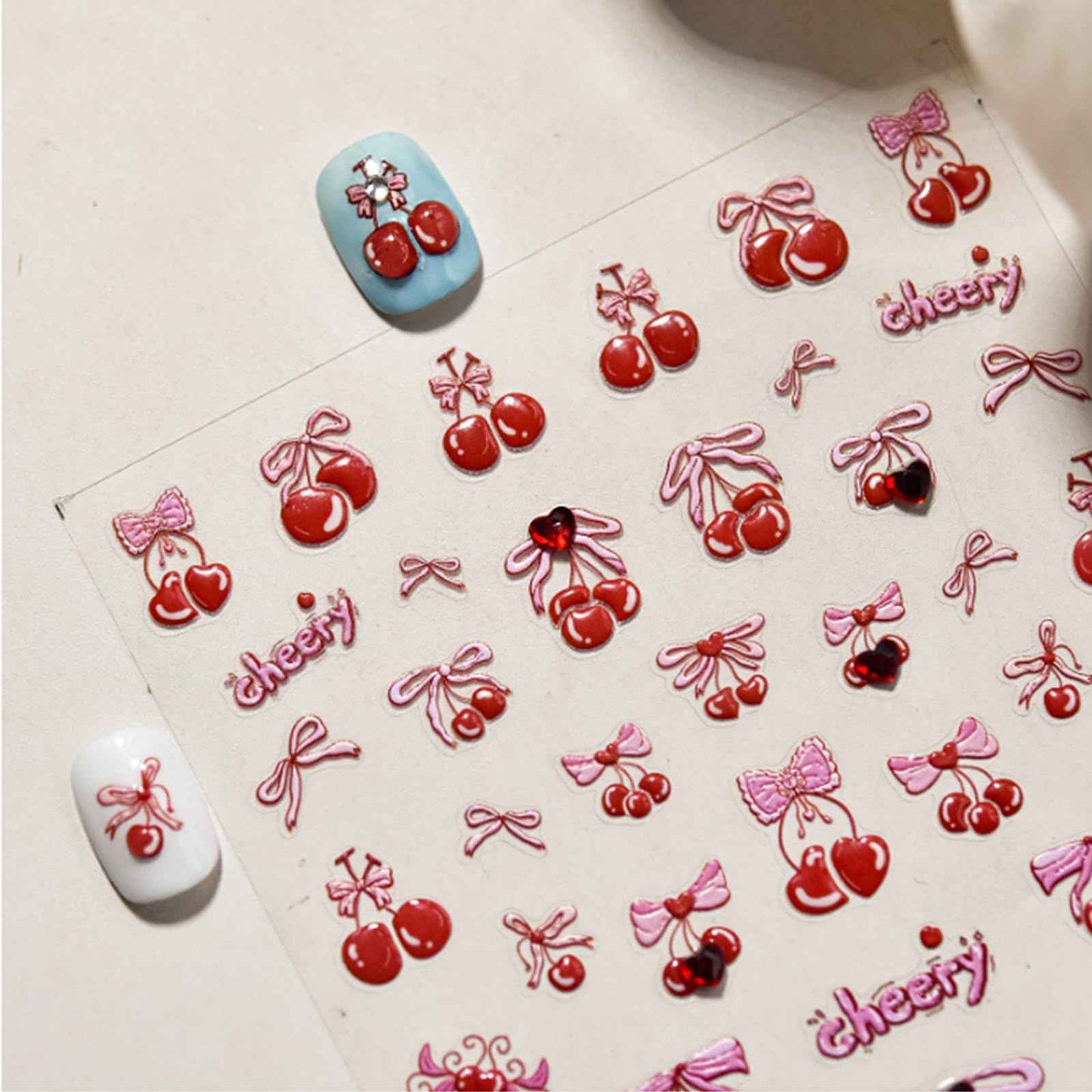 UEYRSEDB Red Cherry Nail Stickers Pink Bow Nail Art Stickers Self-Adhesive Heart Rhinestone Charms Nails Decals Cute Summer Red Cherry Nails Design Summer Pink Bow Supplies for Women Manicure DIY