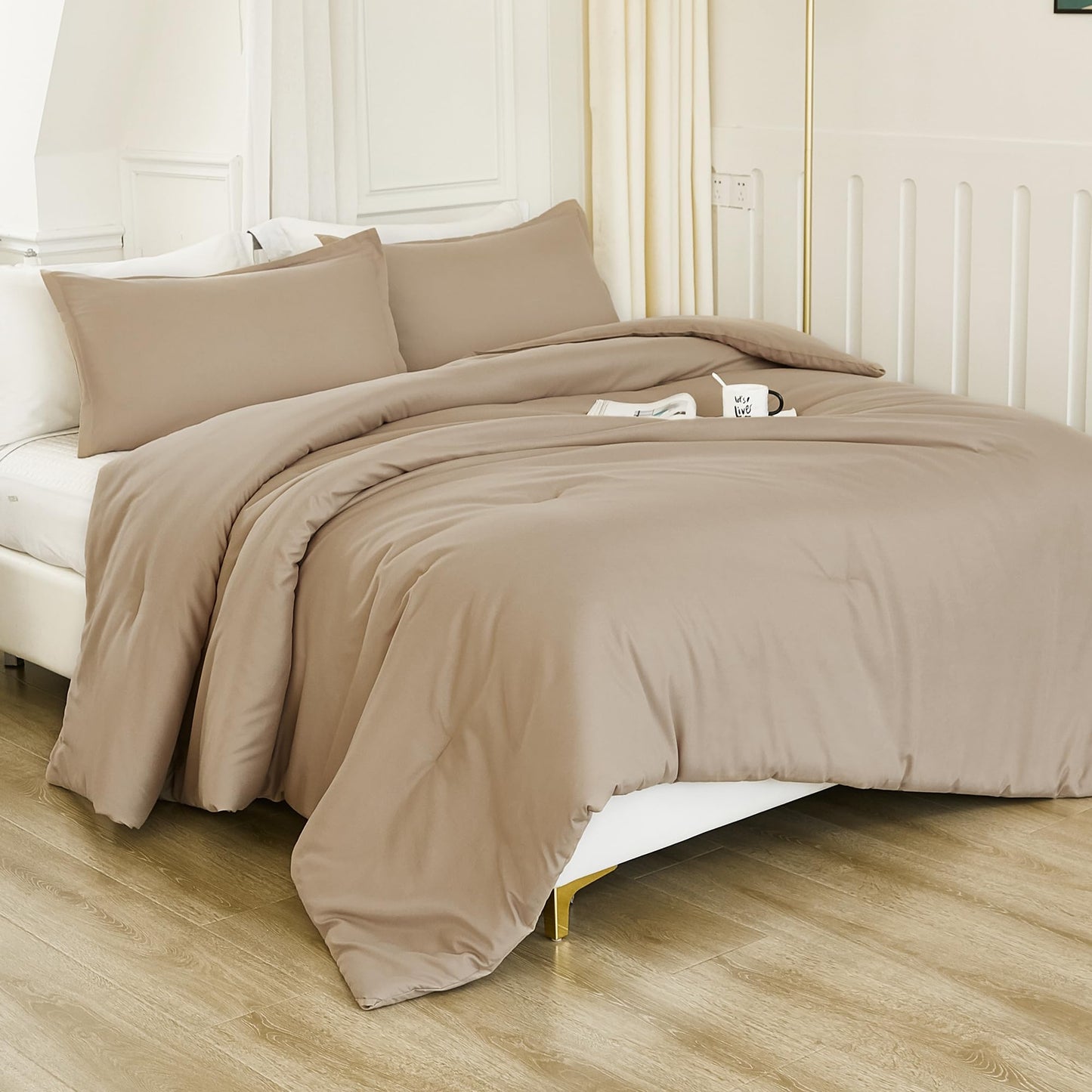 Litanika Taupe Tan Twin/Twin XL Comforter Set, 2 Pieces Solid Bedding Comforter Set, All Season Fluffy Bed Set (66x90In Comforter & 1 Pillowcase)