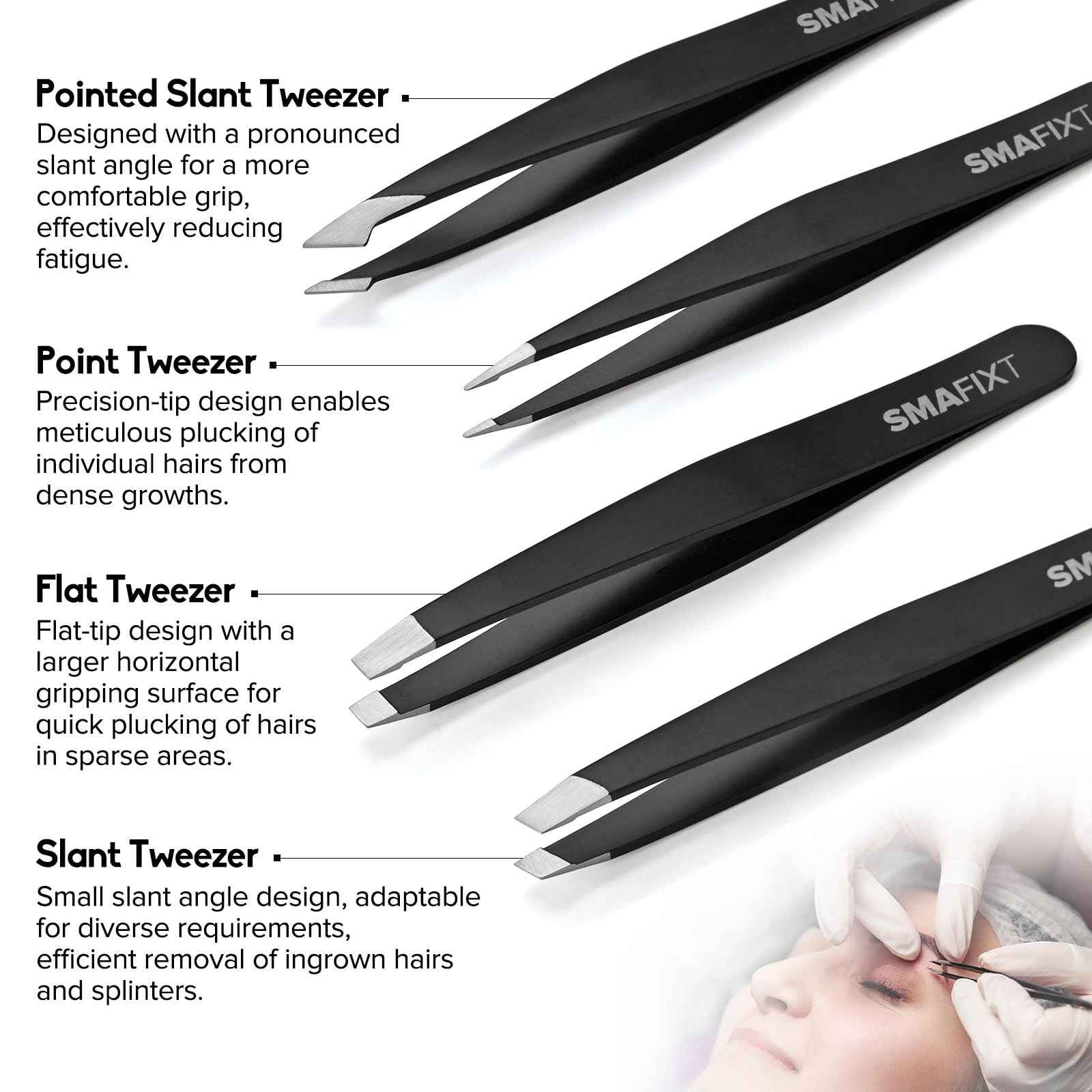 Smafixt Tweezers Set for Women and Men, Professional Stainless Steel Eyebrow Tweezers for Facial Hair and Ingrown Hair Removal