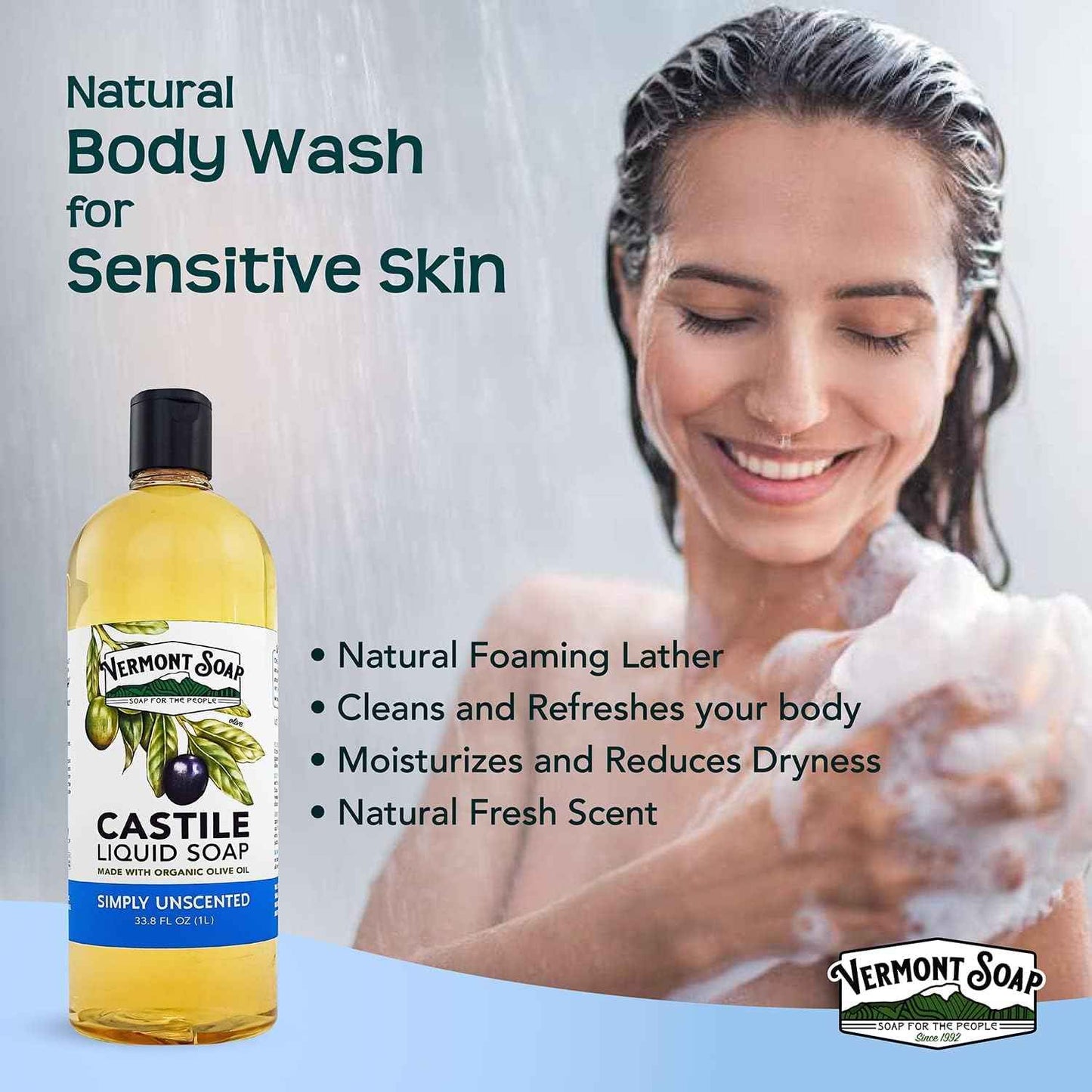 Vermont Castile Unscented Gentle Liquid Soap for Sensitive Skin, Natural Body Wash, Organic Hair Shampoo for Oily Hair, Aloe for Men & Women - 33.8 Oz