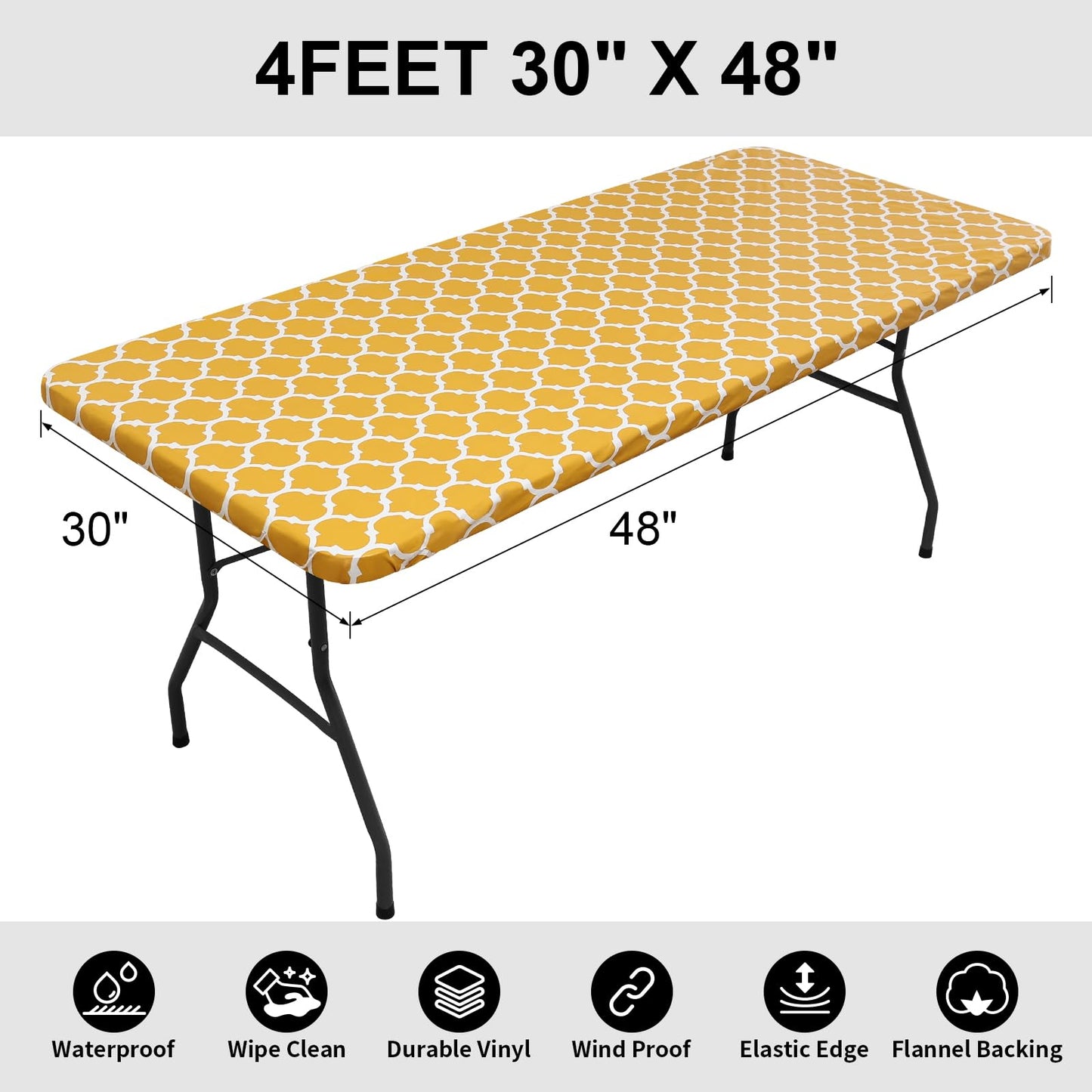 smiry Rectangle Picnic Tablecloth, Waterproof Elastic Fitted Table Covers for 4 Foot Tables, Wipeable Flannel Backed Vinyl Tablecloths for Camping, Indoor, Outdoor (Mustard Yellow, 30x48 Inches)