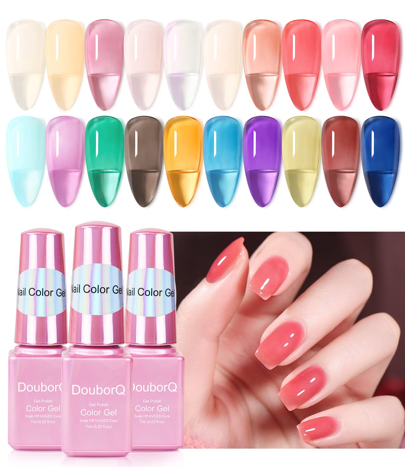 DouborQ 20 Bottles Jelly Gel Nail Polish Glass Translucent Crystal Blue Pink Red Pink Clear Green Yellow Purple Colors UV Soak Off LED Gel 7ml Soak Off Manicure Kit