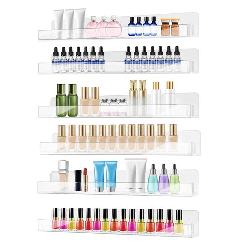 6 Pack Wall Mounted Acrylic Nail Polish Organizer Rack 15 Inch Clear Nail Polish Shelf with Removable Ends Multi-Purpose Shelf for Essential Oils Cosmetics Storage Display for Salon Bathroom