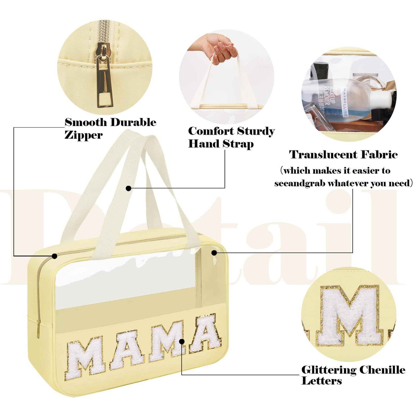 Chenille Letter Patches Clear MAMA Cosmetic Bag, Large PVC & Nylon Preppy Makeup Bag Zipper Makeup Pouch with Handle, Portable Waterproof Travel Toiletry Bag Tote Bag for Women Girls(Beige MAMA)