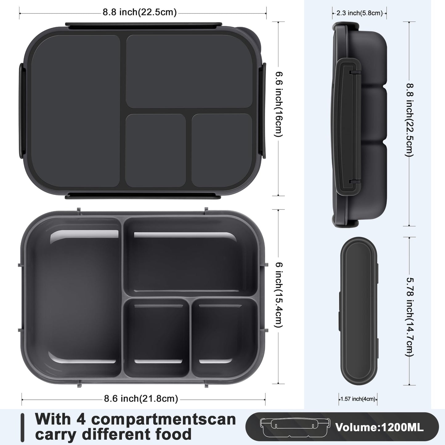 Amathley Lunch Box Kids,Bento Box Adult,Leakproof Lunch Containers for Adults/Kids/Toddler,1200ML-4 Compartments bento Lunch box with Utensil,Microwave & Dishwasher & Freezer Safe (Dark Gray)