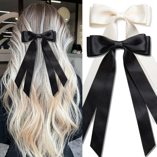 Large Double Ribbon Hair Bows and Barrettes - 2 PCS Hair Bow Claw Clips and Ribbons Accessories for Women (Beige, Black)