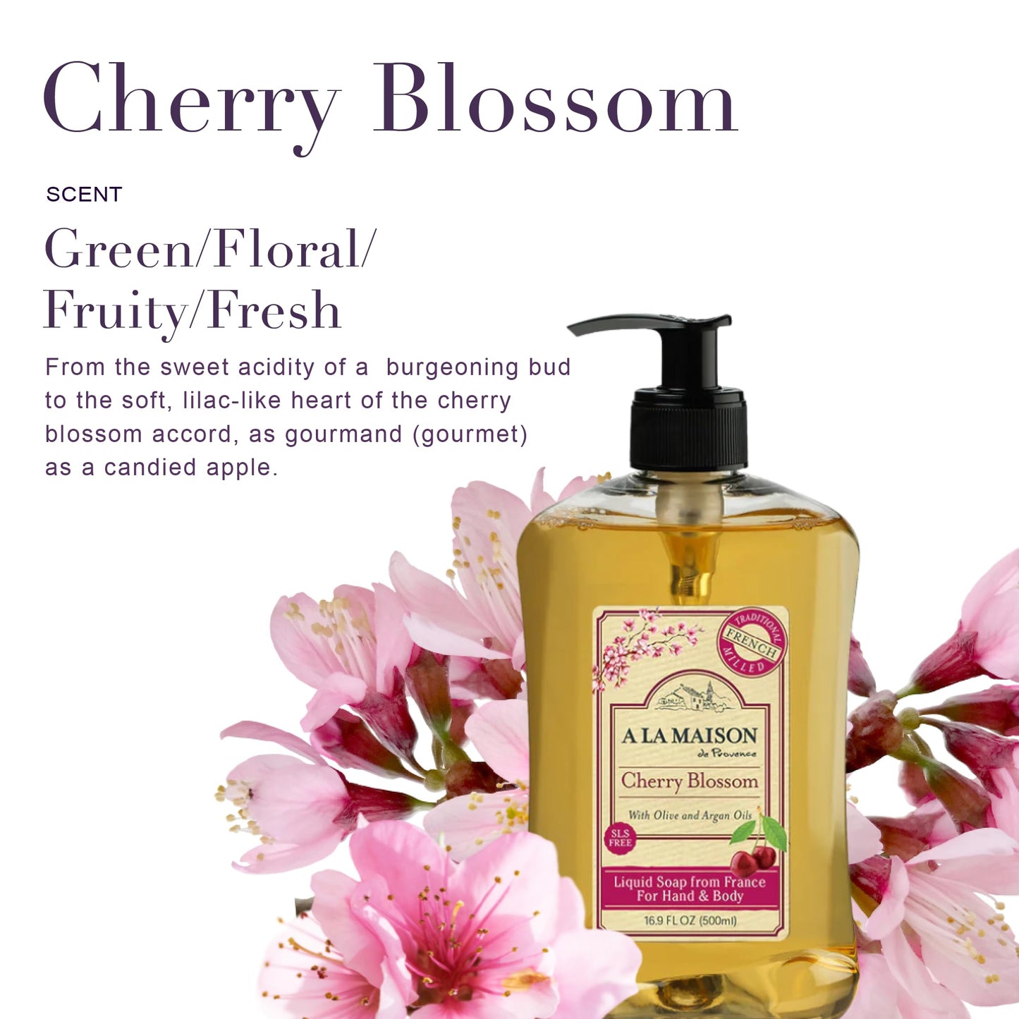 A LA MAISON French Liquid Hand Soap, Cherry Blossom - Natural Hand Wash Made with Essential Oils - Biodegradable, Plant-Based, Vegan, Cruelty-Free, Alcohol & Paraben Free (16.9 oz, 1 Pack)