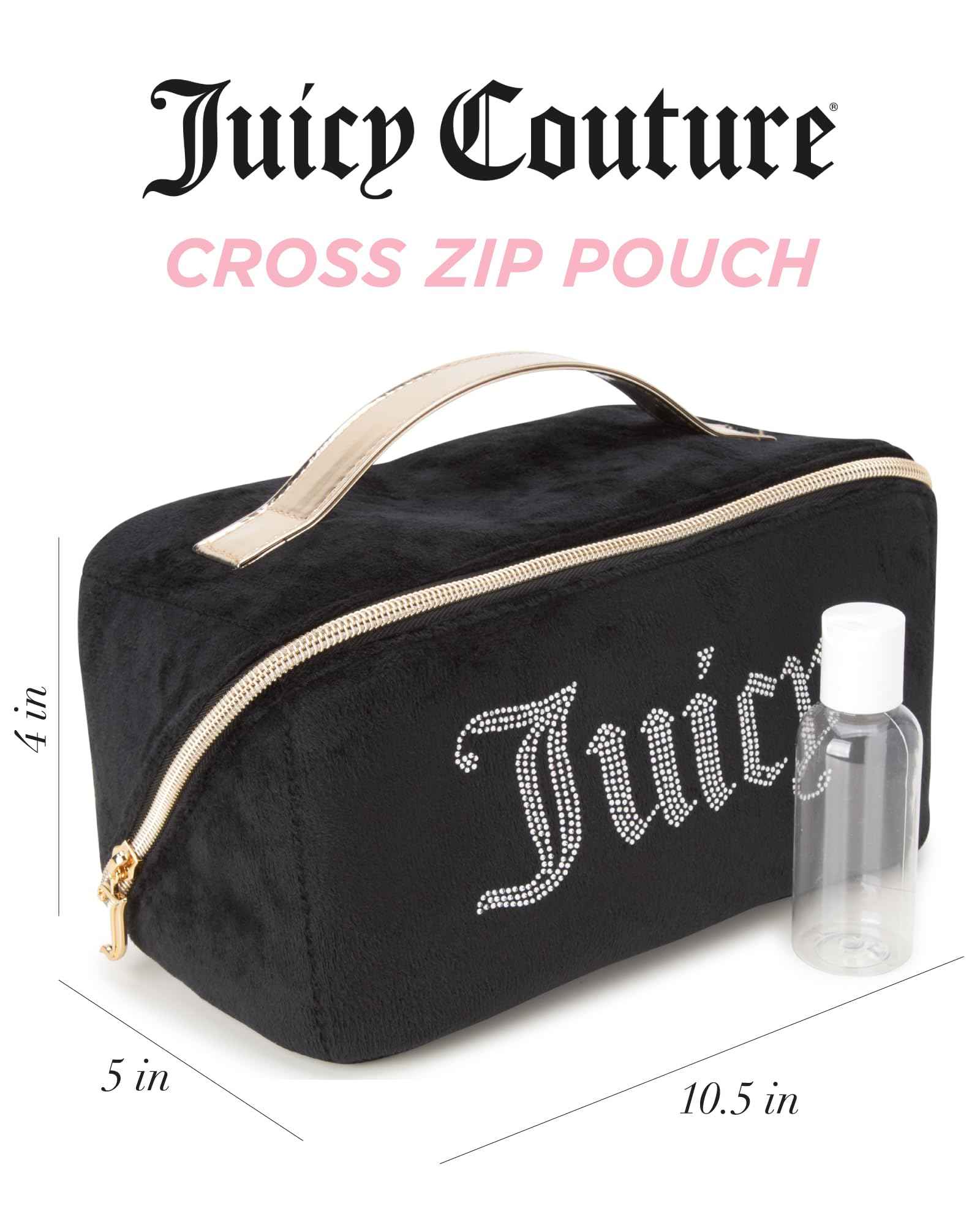 Juicy Couture Black Makeup Bag Cosmetics Organizer Travel Essentials Cross Zip Velour Rhinestone Gold Handle
