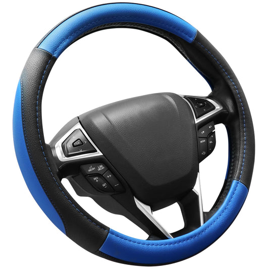 SEG Direct Car Steering Wheel Cover Universal Standard Size 14.5-15 inch, Black and Blue Microfiber Leather