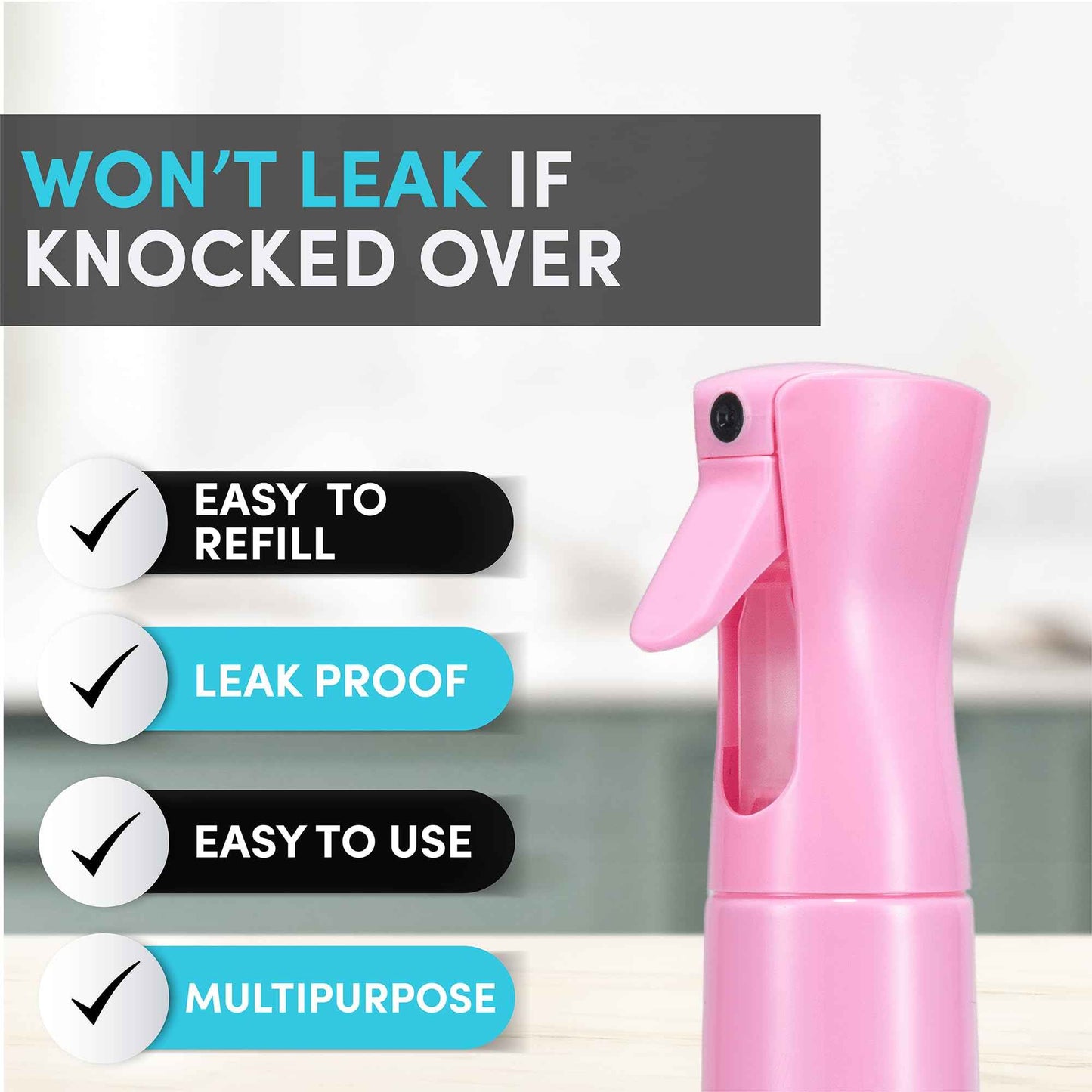 Hula Home Continuous Spray Bottle for Hair (10.1oz/300ml) Empty Ultra Fine Plastic Water Mist Sprayer – For Hairstyling, Cleaning, Salons, Plants, Essential Oil Scents & More - Pink