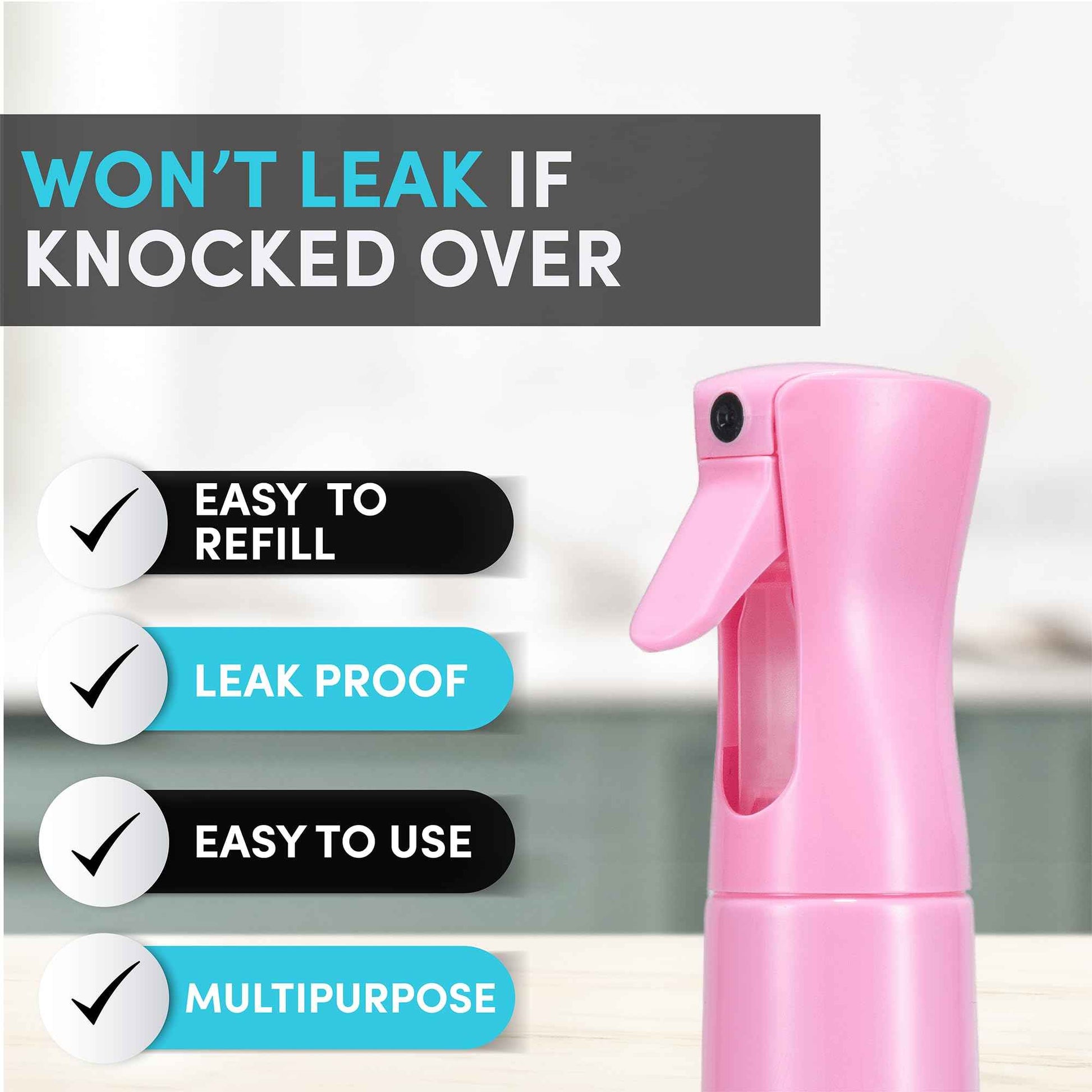 Hula Home Continuous Spray Bottle for Hair (10.1oz/300ml) Empty Ultra Fine Plastic Water Mist Sprayer – For Hairstyling, Cleaning, Salons, Plants, Essential Oil Scents & More - Pink