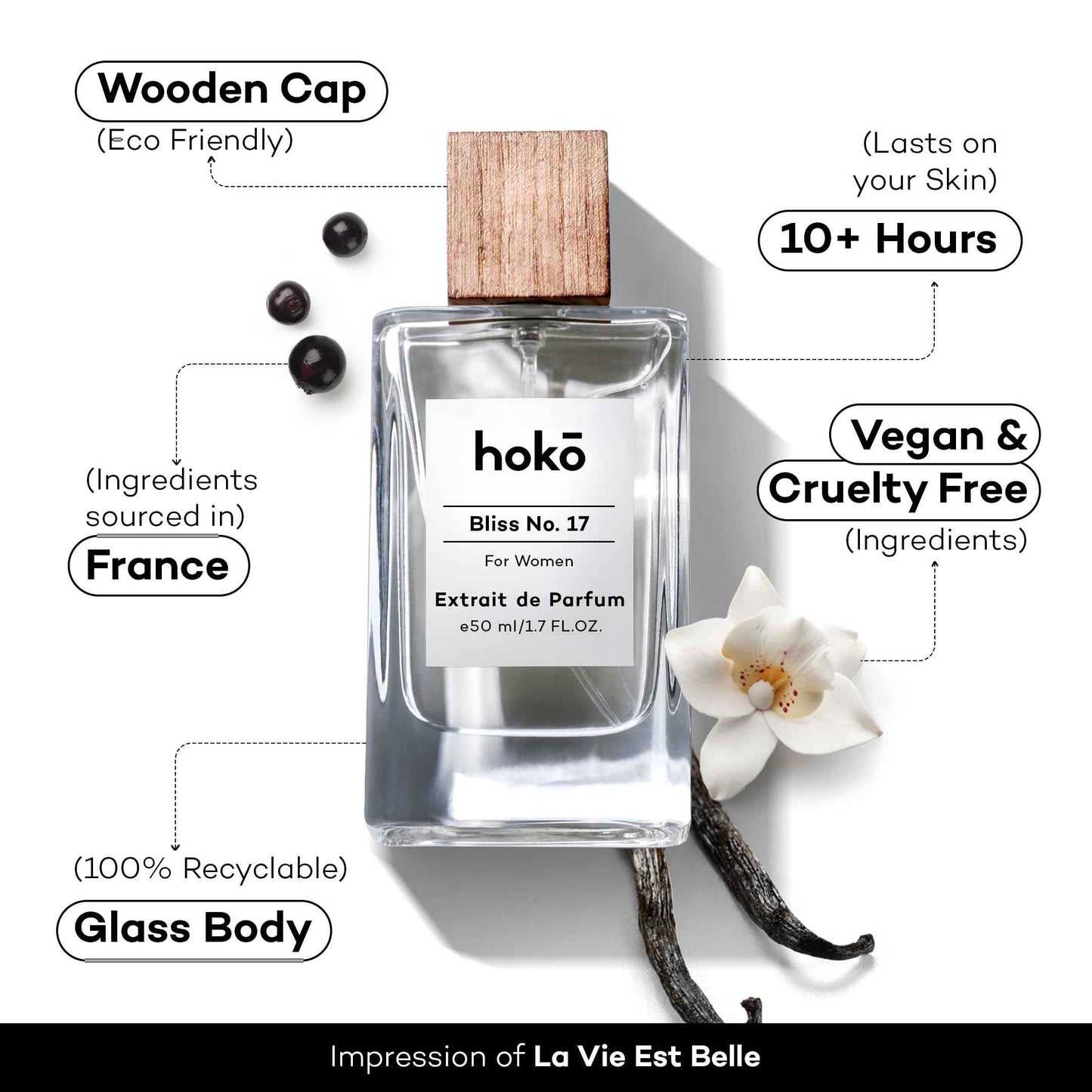 HOKO Bliss Womens Perfume, Extrait de Parfum (1.7 Oz) - Inspired by La Vie Belle, Iris Vanilla, Jasmine, Patchouli & Black Currant - Clean, Vegan + Cruelty Free