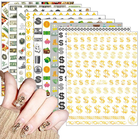 12 Sheets Money Dollar Nail Art Stickers 3D Gold Nail Art Supplies 100 Dollar Sign Self Adhesive Nail Decals DIY Designs Fashion Luxury Designer Nail Sticker Manicure Foil Nail Decorations Accessories