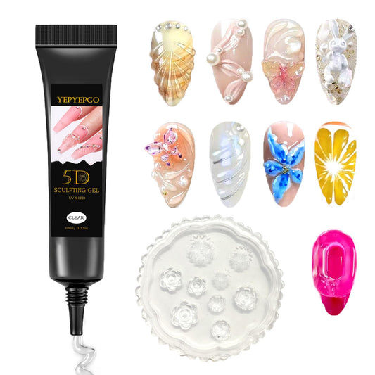 YEPYEPGO 3D Sculpting Gel for Nail Art Design Nail Rhinestone Glue No Wipe Clear Molding Gel with 3D Silicone Mold for Carving, Drawing, Sculpture and Decoration Manicure