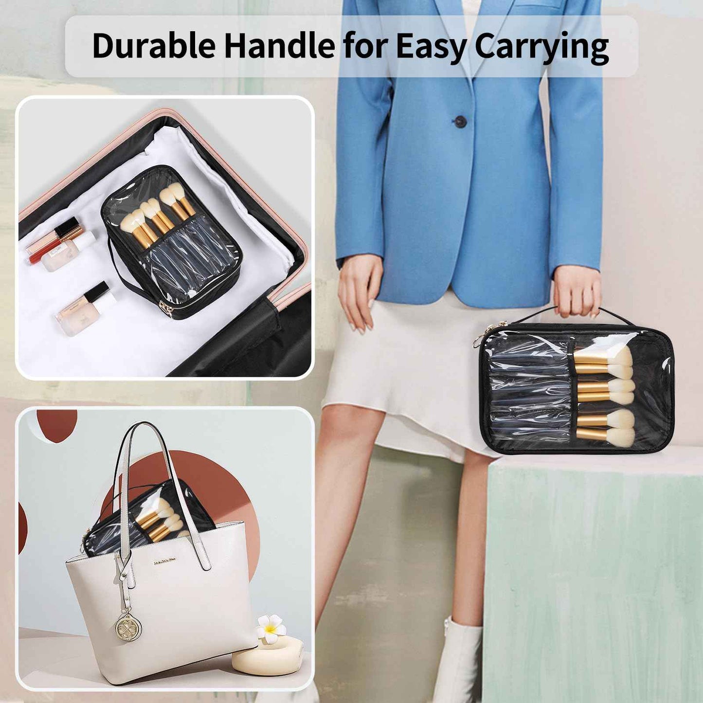 OCHEAL Clear Makeup Bag, Portable Cosmetic Organize,Travel Makeup Bag Cute Clear Pouch For Women and Girls Cosmetics Bags with Divider Makeup Brush Compartment-Black Nylon