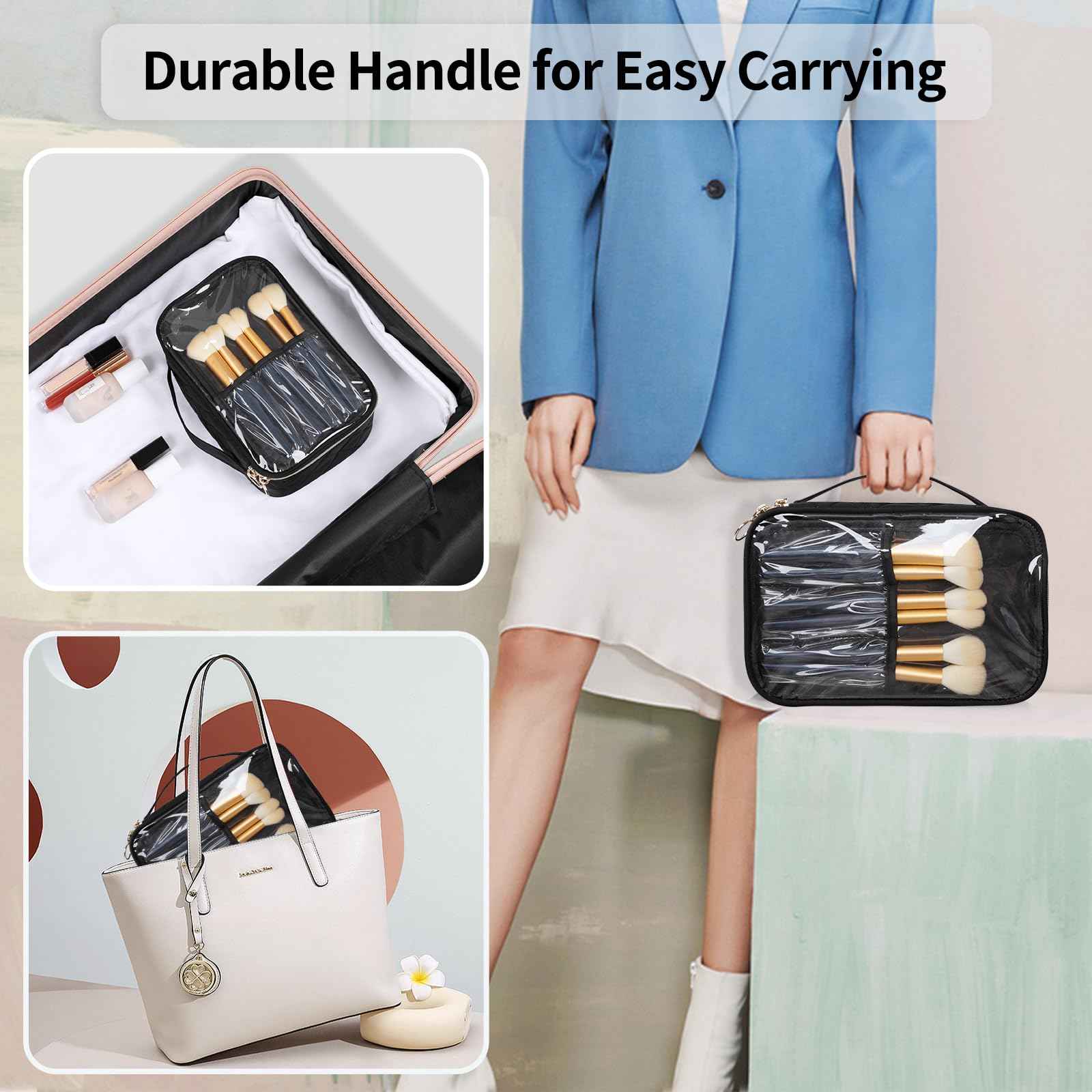 OCHEAL Clear Makeup Bag, Portable Cosmetic Organize,Travel Makeup Bag Cute Clear Pouch For Women and Girls Cosmetics Bags with Divider Makeup Brush Compartment-Black Nylon