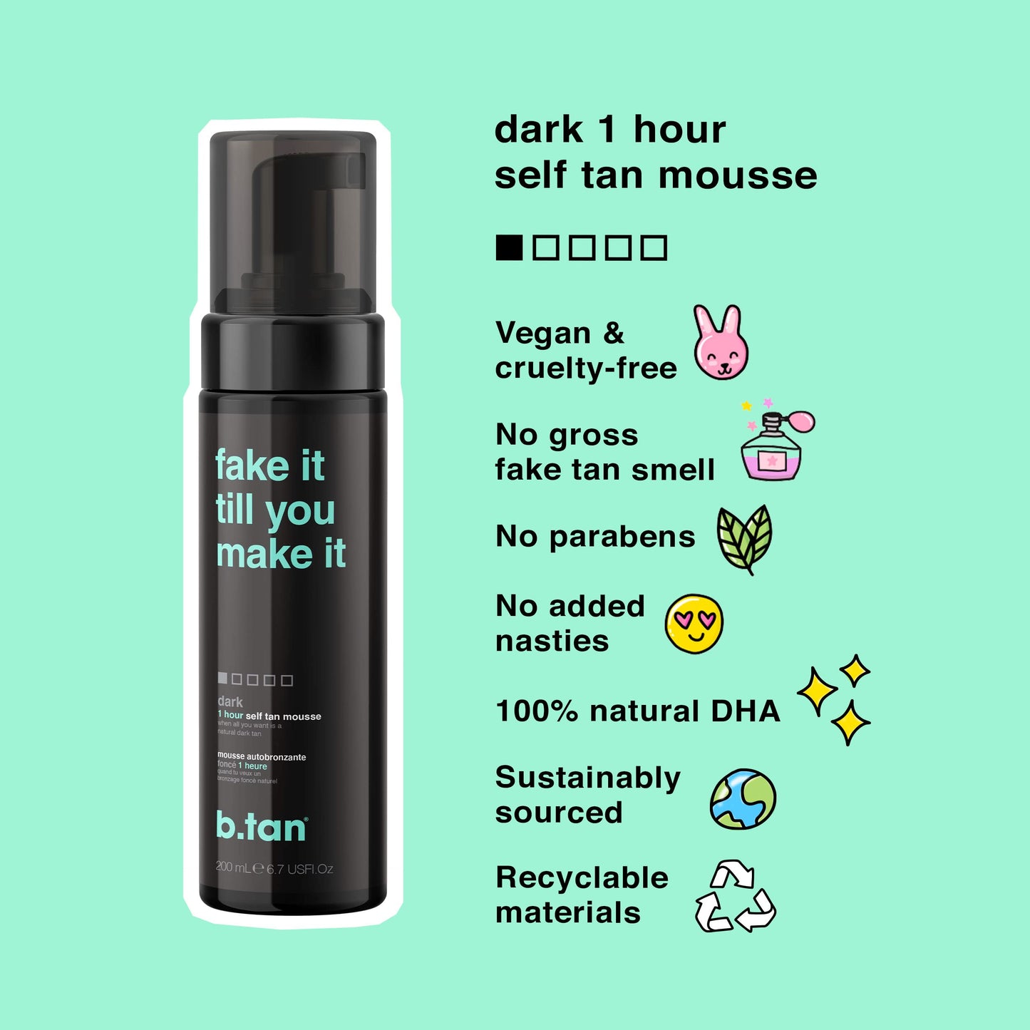 b.tan Dark Self Tanner | Fake It Till You Make It - Fast, 1 Hour Express Sunless Tanning Mousse, No Fake Tan Smell, No Added Nasties, Vegan, Cruelty Free, 6.7 Fl Oz